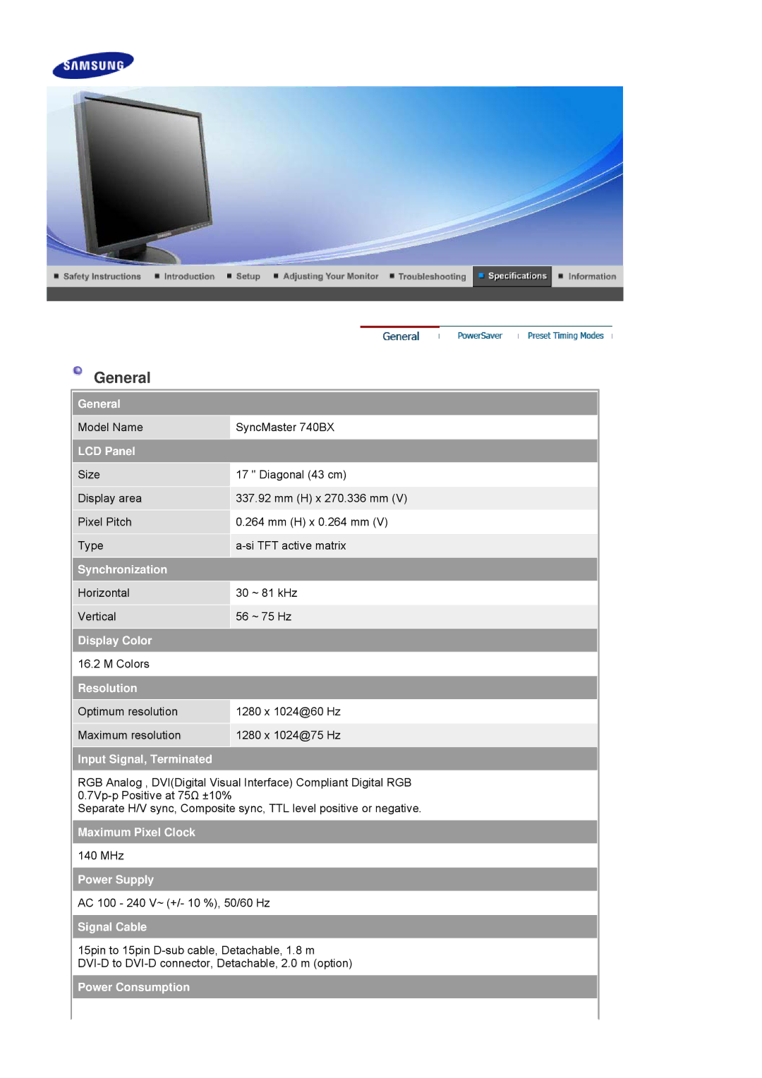 Samsung LS19HAXBBH/XAA manual General, LCD Panel, Synchronization, Display Color, Resolution, Input Signal, Terminated 