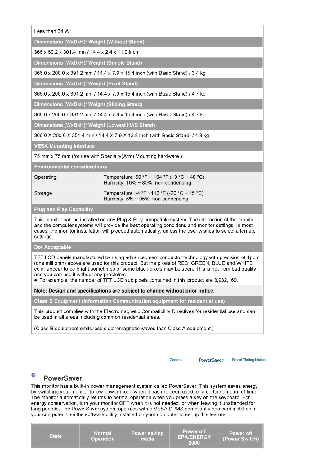 Samsung LS17HAXBBH/XAA manual Dimensions WxDxH/ Weight Without Stand, Dimensions WxDxH/ Weight Simple Stand, Dot Acceptable 