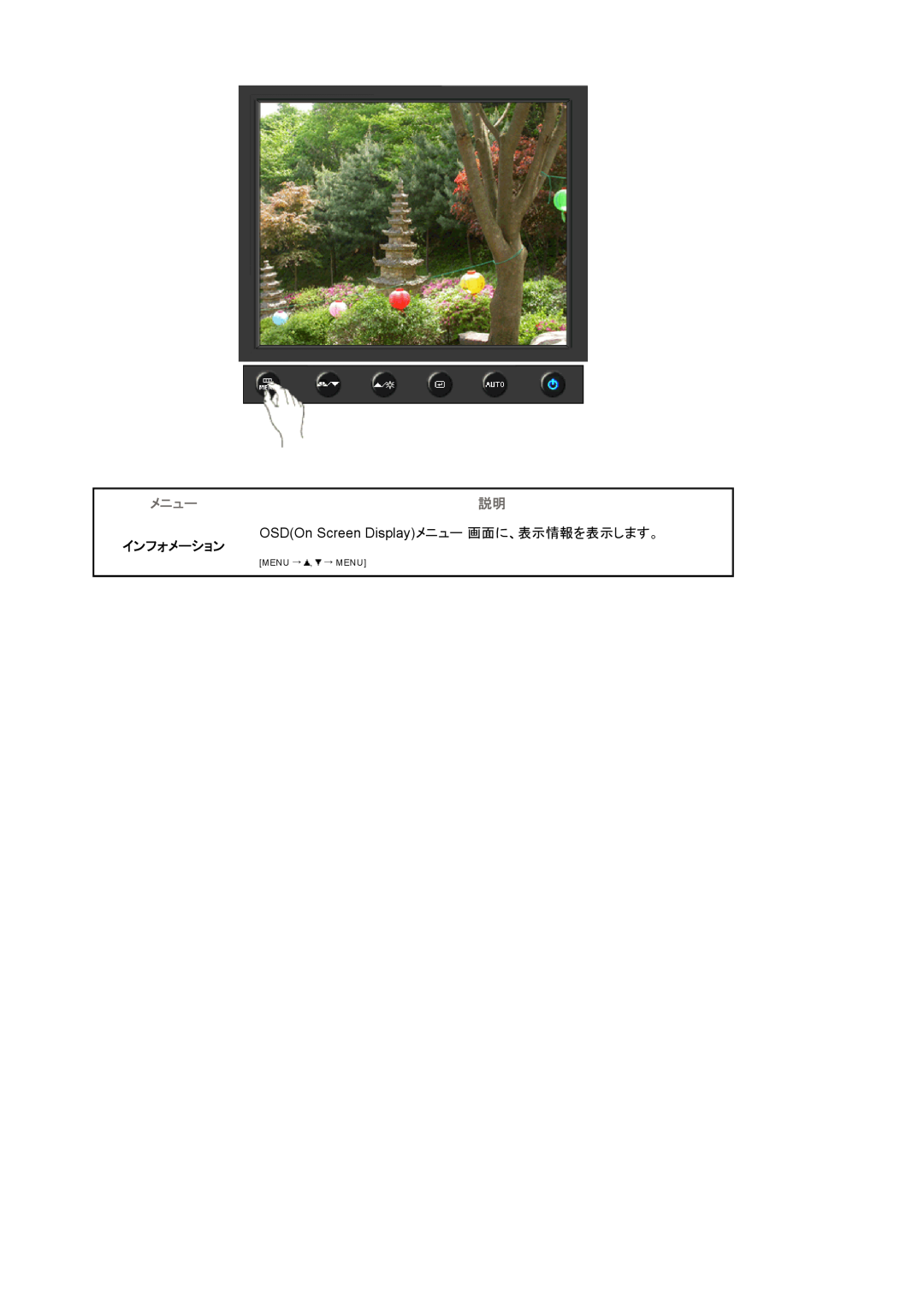 Samsung LS17HAXKNV/XSJ, LS19HAXKBH/XSJ manual インフォメーション, OSDOn Screen Displayメニュー 画面に、表示情報を表示します。, Menu → , → Menu 