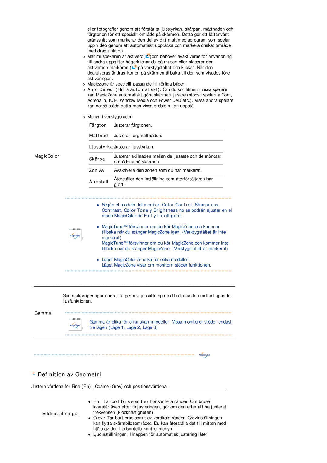 Samsung LS19HJDQFK/EDC manual MagicColorSkärpa Zon Av Återställ, Gamma, Bildinställningar 