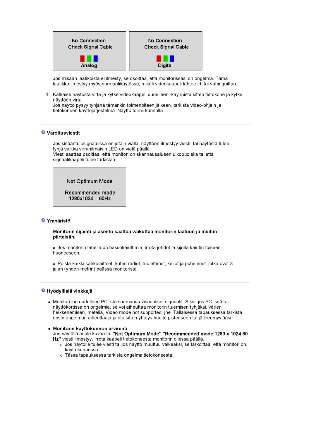 Samsung LS19HJDQFK/EDC manual Varoitusviestit, Hyödyllisiä vinkkejä 