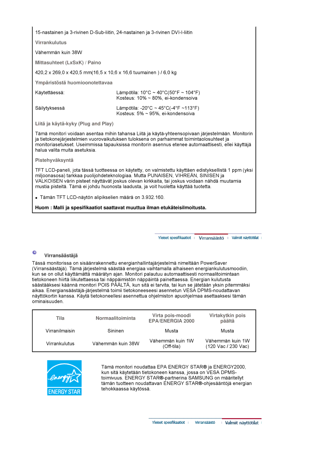 Samsung LS19HJDQFK/EDC manual Ympäristöstä huomioonotettavaa, Virransäästäjä 