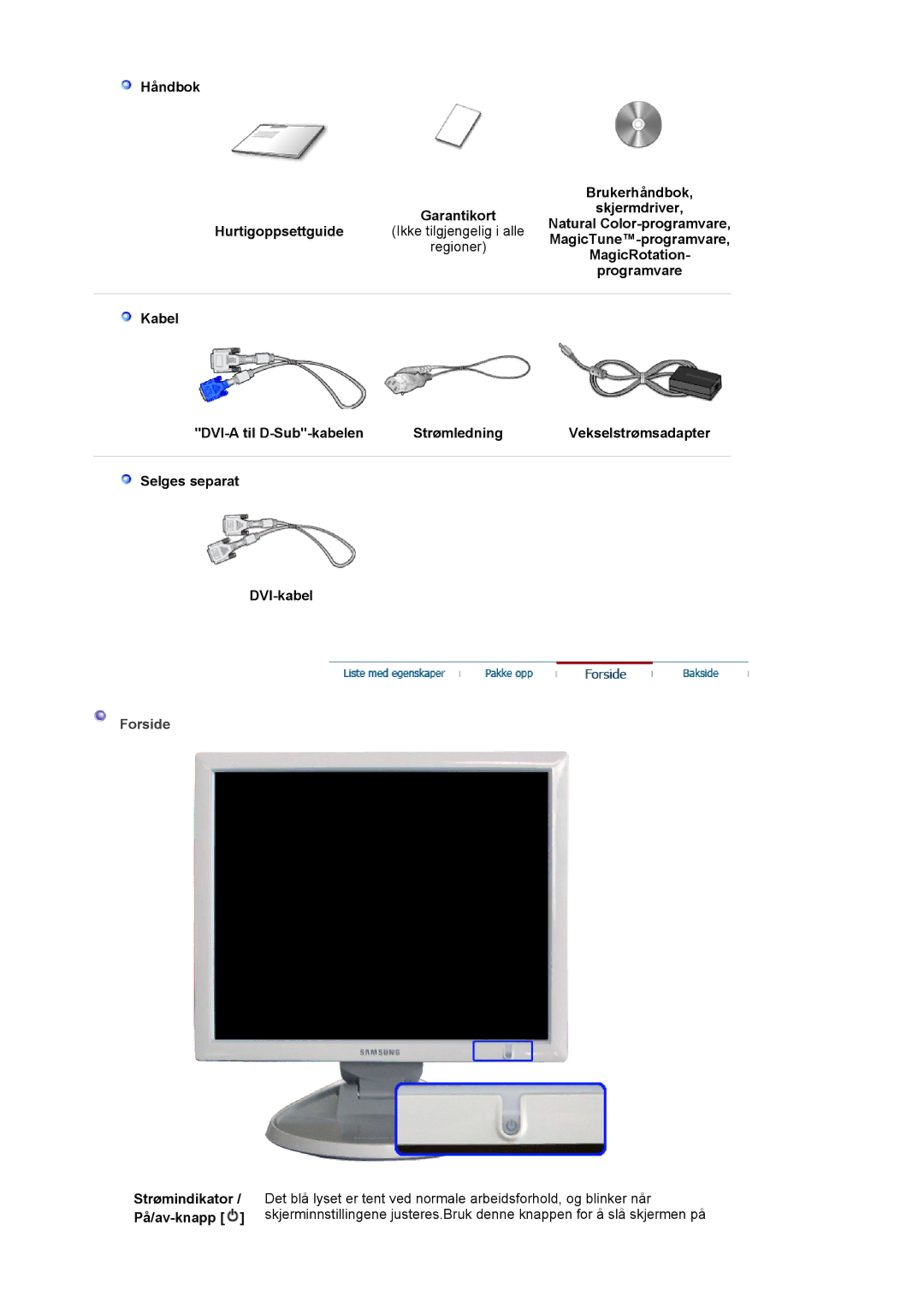 Samsung LS19HJDQFK/EDC manual Håndbok Brukerhåndbok Garantikortskjermdriver, Selges separat DVI-kabel 