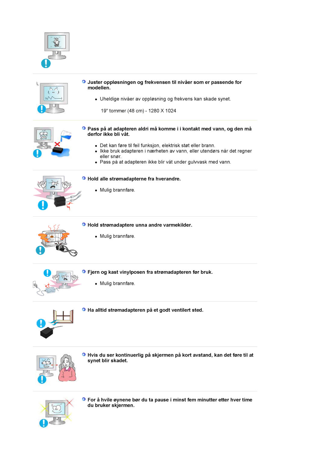 Samsung LS19HJDQFK/EDC manual Hold alle strømadapterne fra hverandre, Hold strømadaptere unna andre varmekilder 