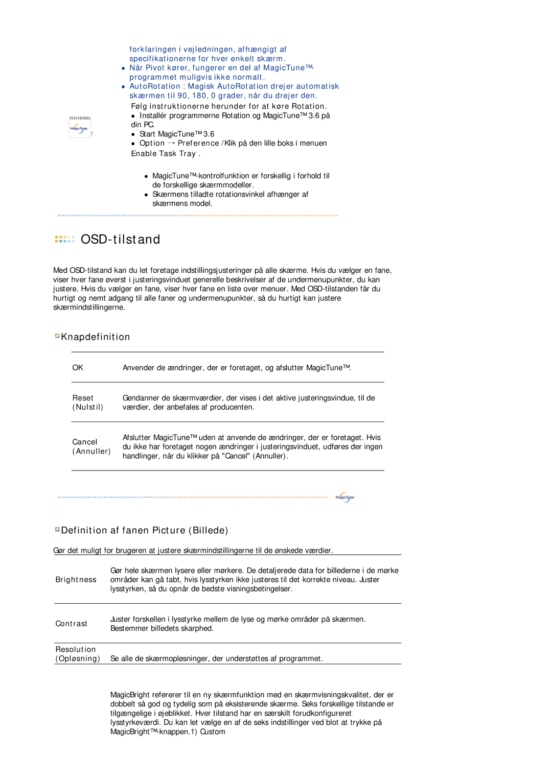 Samsung LS19HJDQFK/EDC Følg instruktionerne herunder for at køre Rotation, Reset, Nulstil, Cancel, Annuller, Contrast 