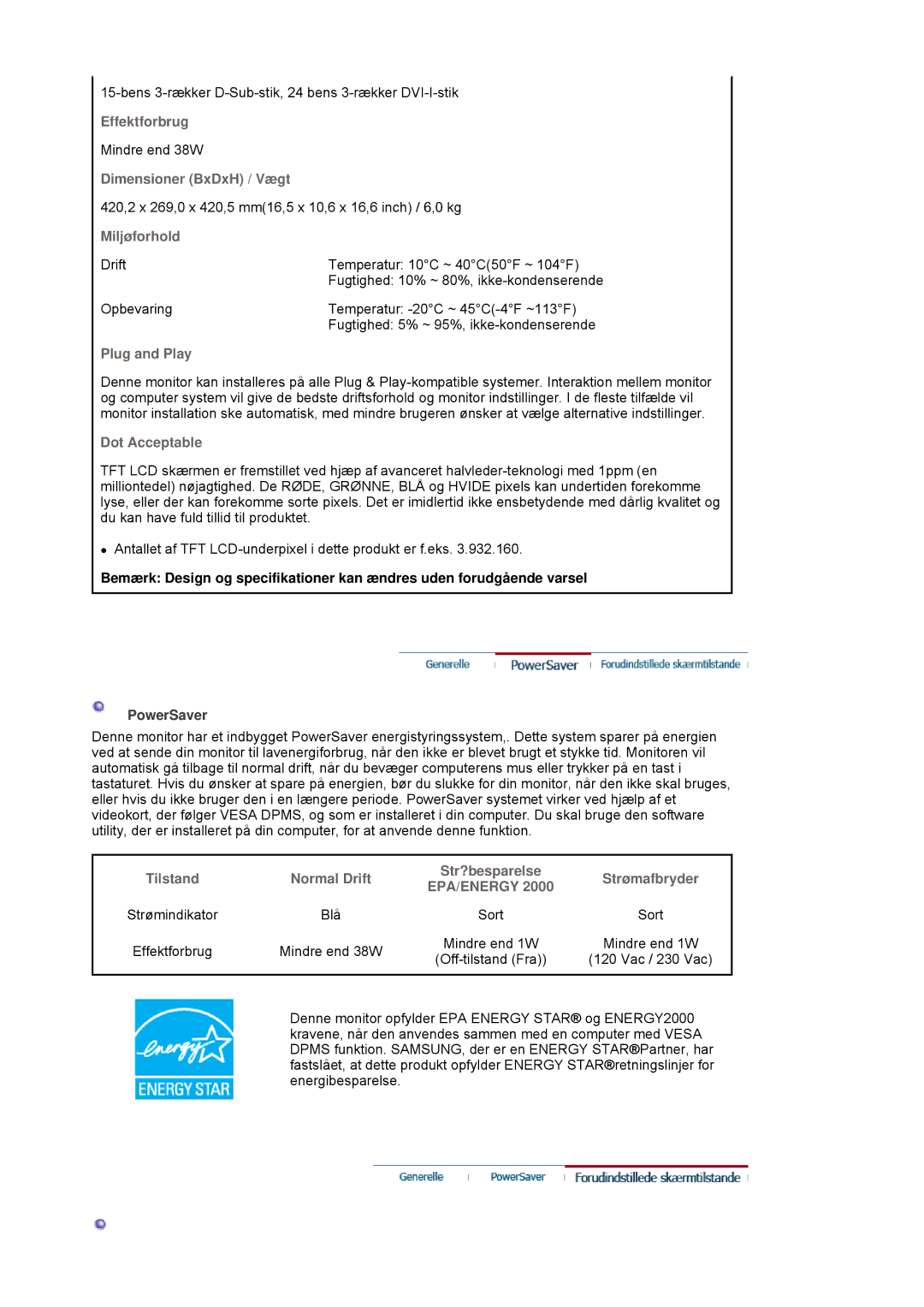 Samsung LS19HJDQFK/EDC manual Miljøforhold, PowerSaver 