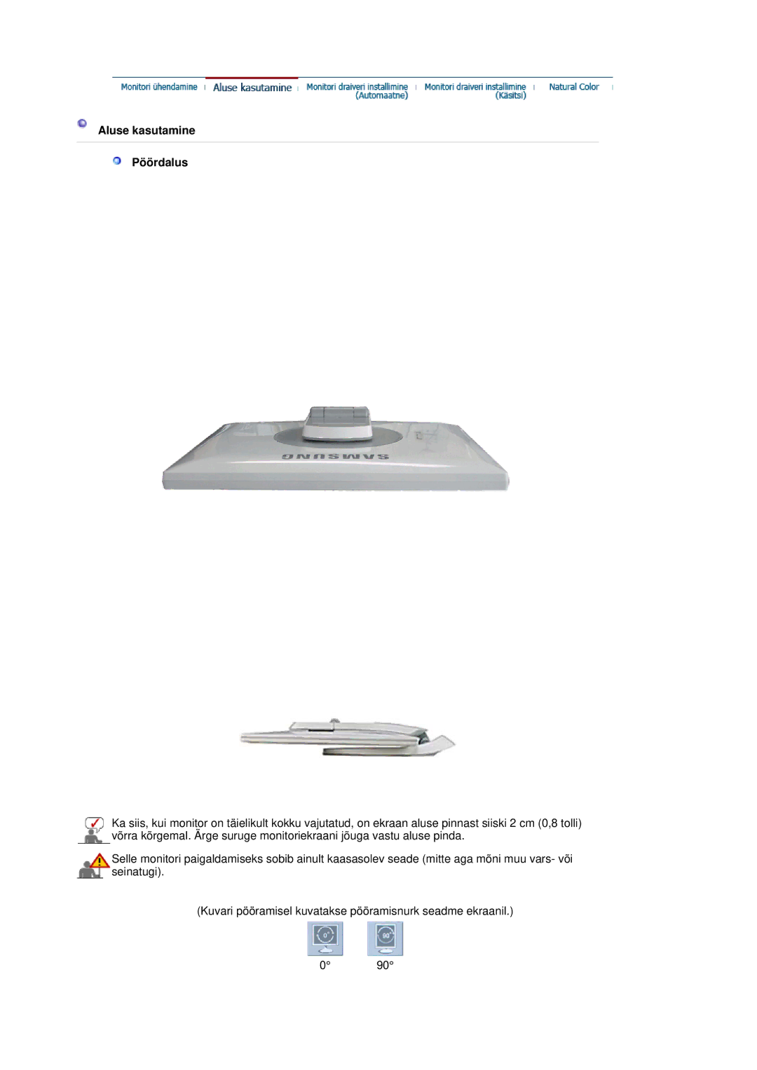 Samsung LS19HJDQFK/EDC manual Aluse kasutamine Pöördalus 