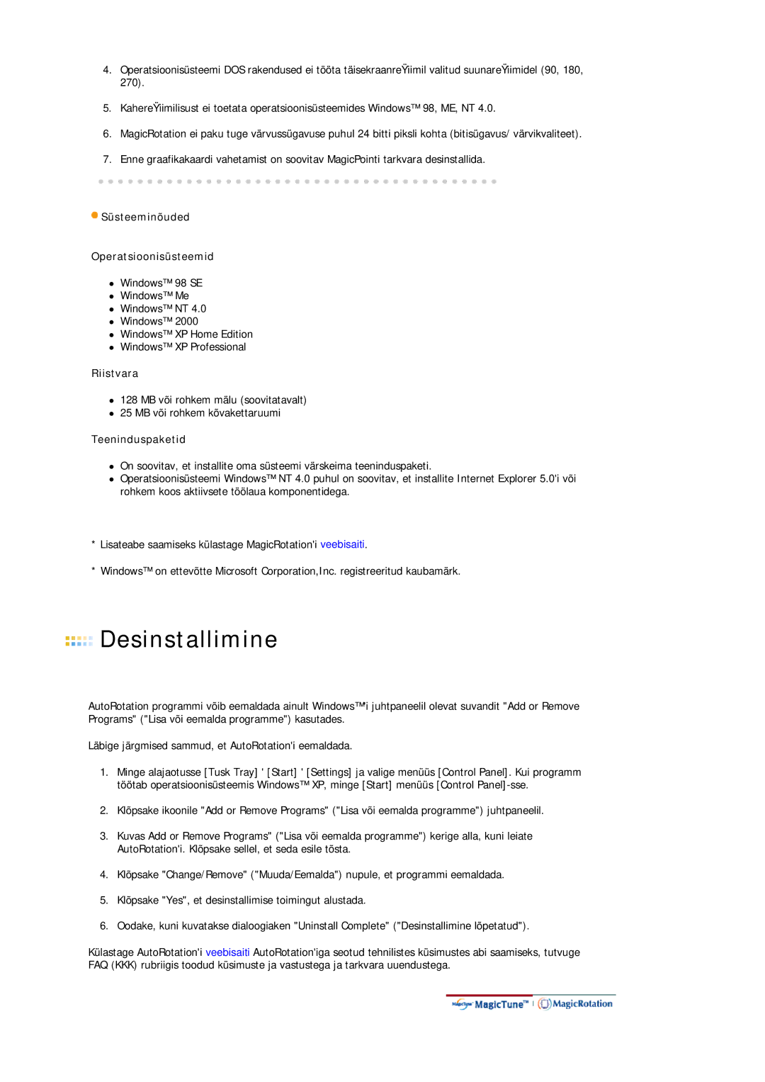 Samsung LS19HJDQFK/EDC manual Süsteeminõuded Operatsioonisüsteemid, Teeninduspaketid 