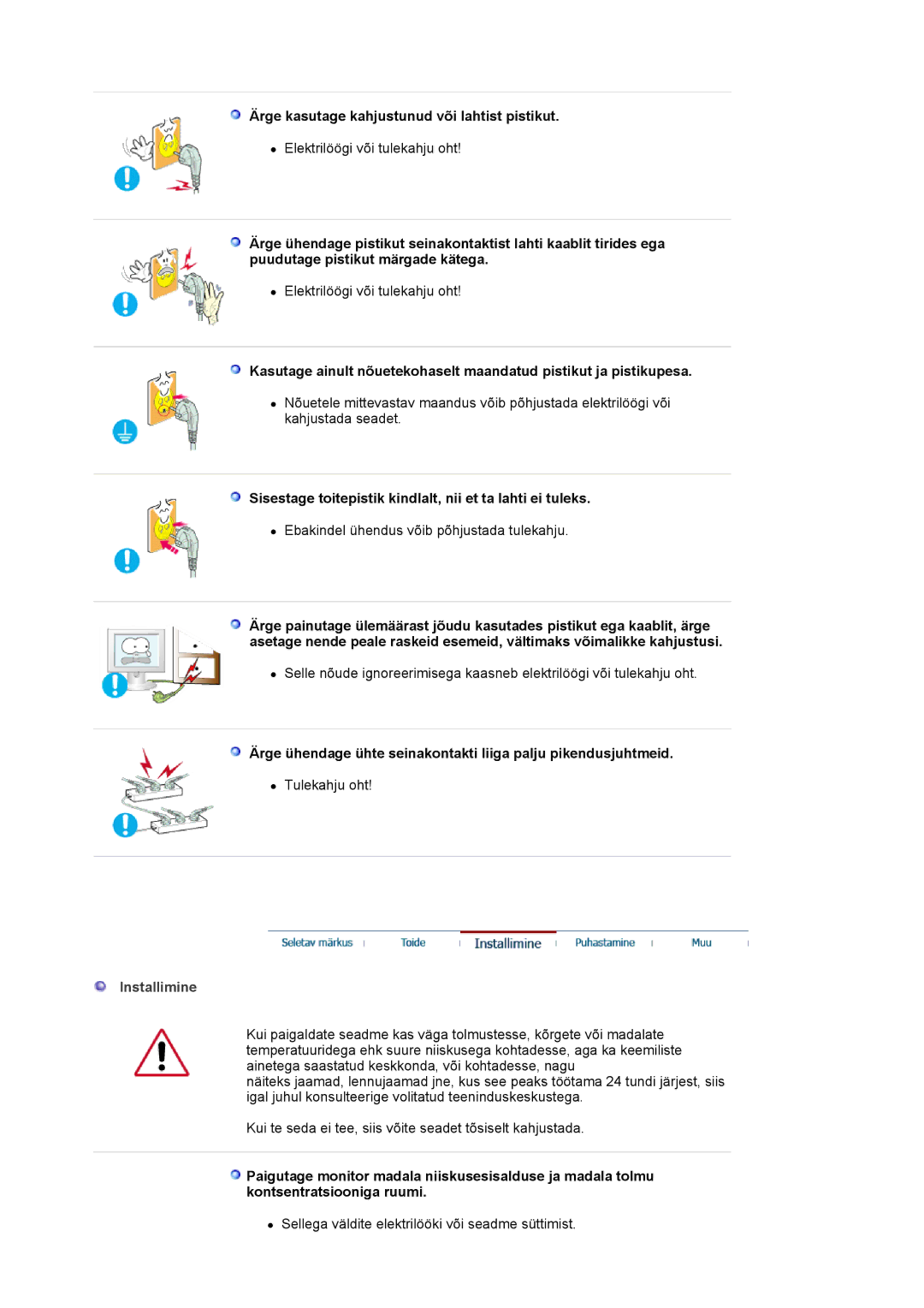 Samsung LS19HJDQFK/EDC manual Ärge kasutage kahjustunud või lahtist pistikut, Installimine 