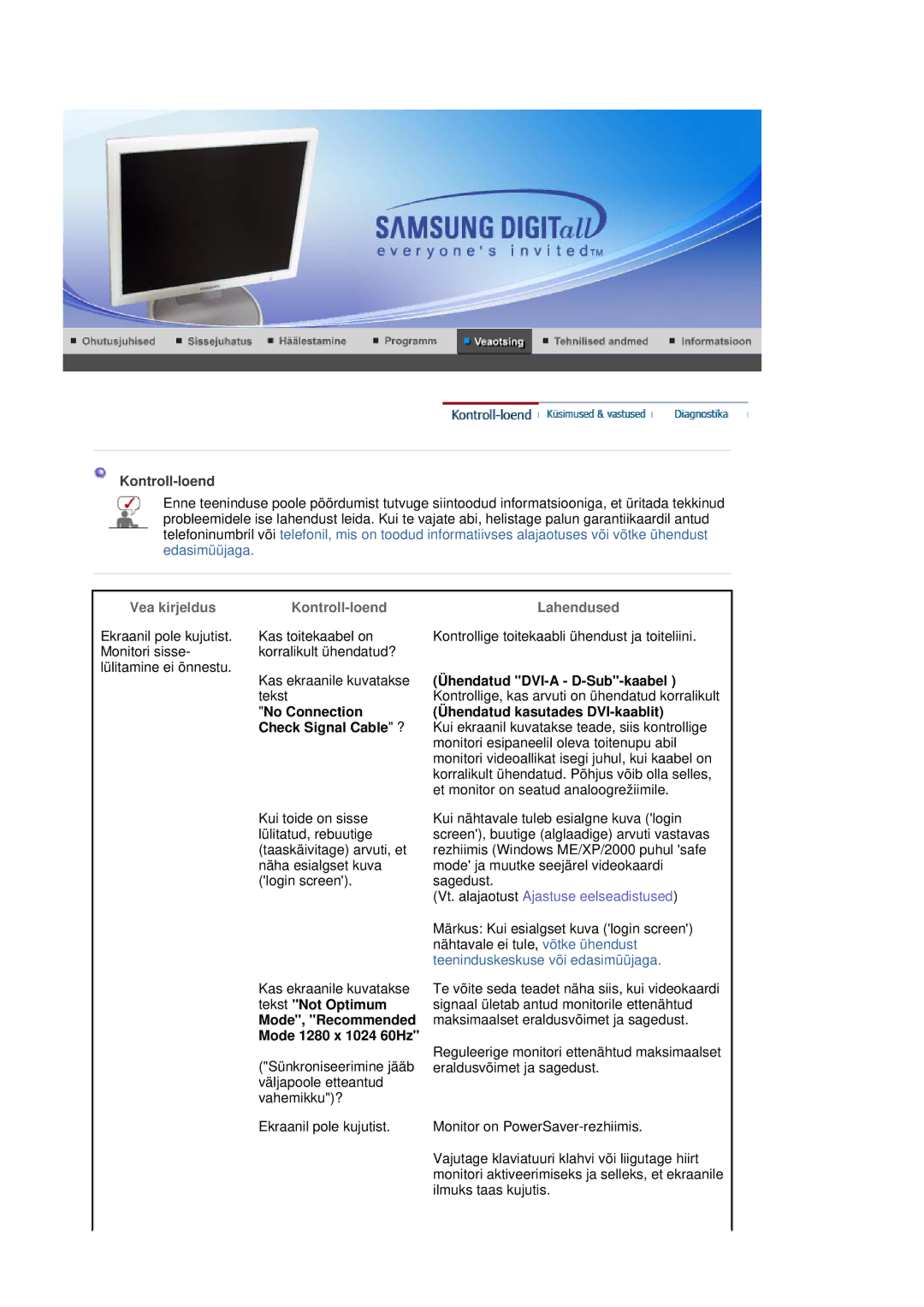 Samsung LS19HJDQFK/EDC manual Kontroll-loend, Ühendatud DVI-A D-Sub-kaabel 