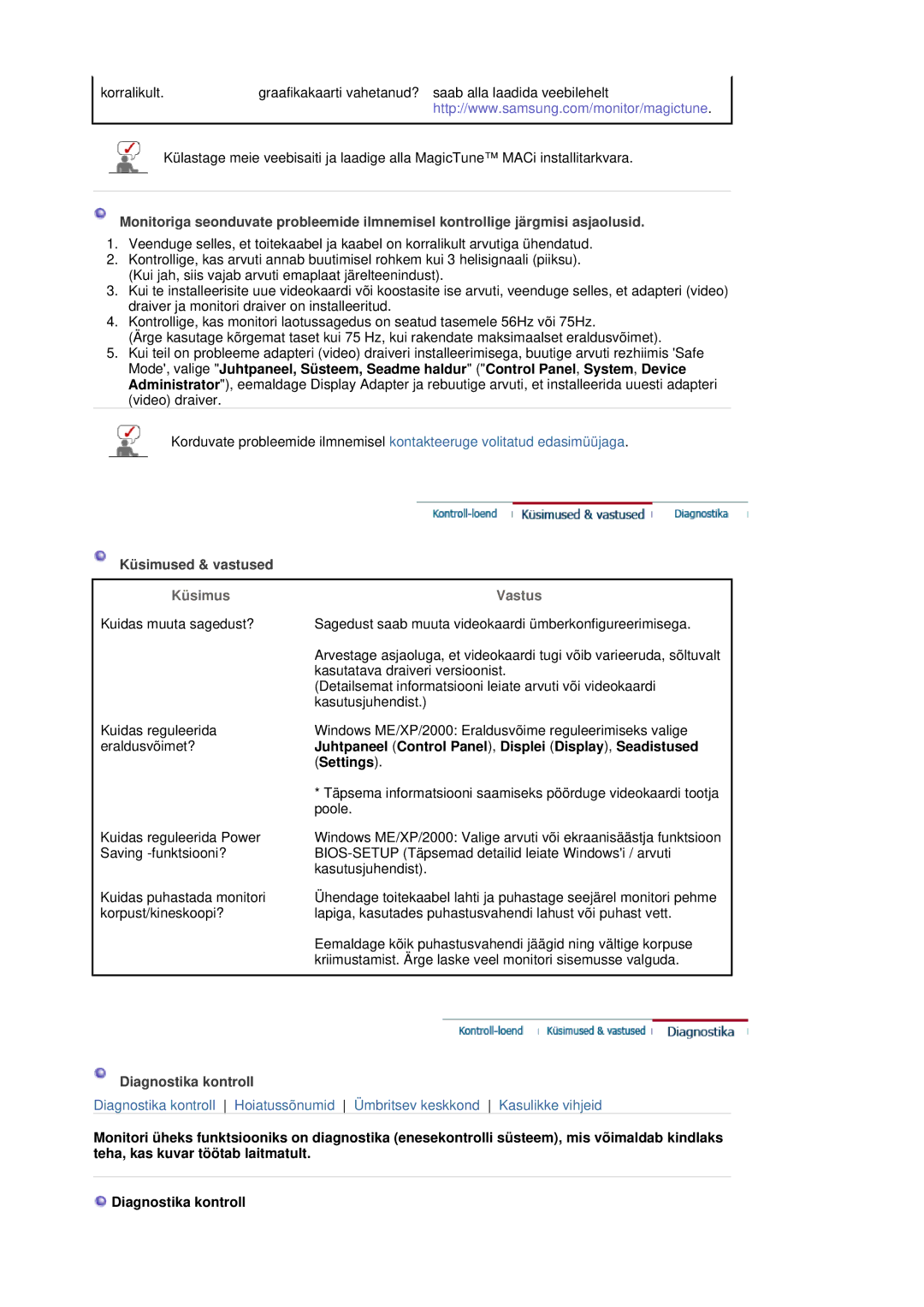 Samsung LS19HJDQFK/EDC manual Küsimused & vastused, Juhtpaneel Control Panel , Displei Display , Seadistused, Settings 