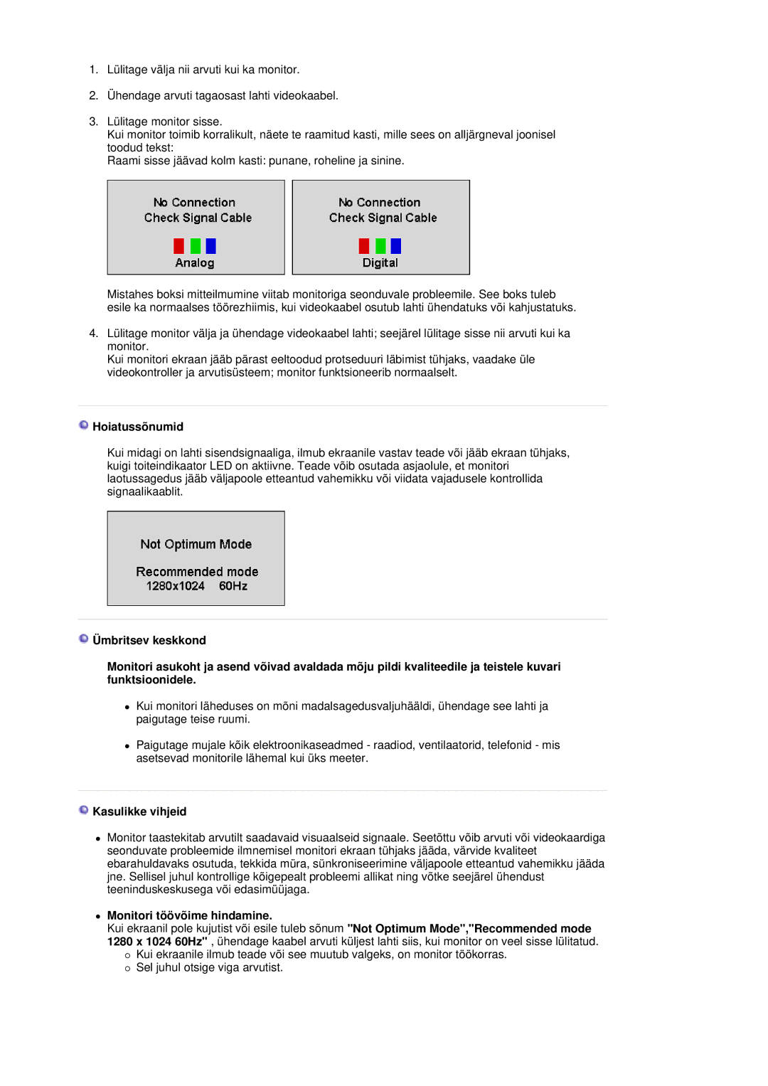 Samsung LS19HJDQFK/EDC manual Hoiatussõnumid, Kasulikke vihjeid, Monitori töövõime hindamine 