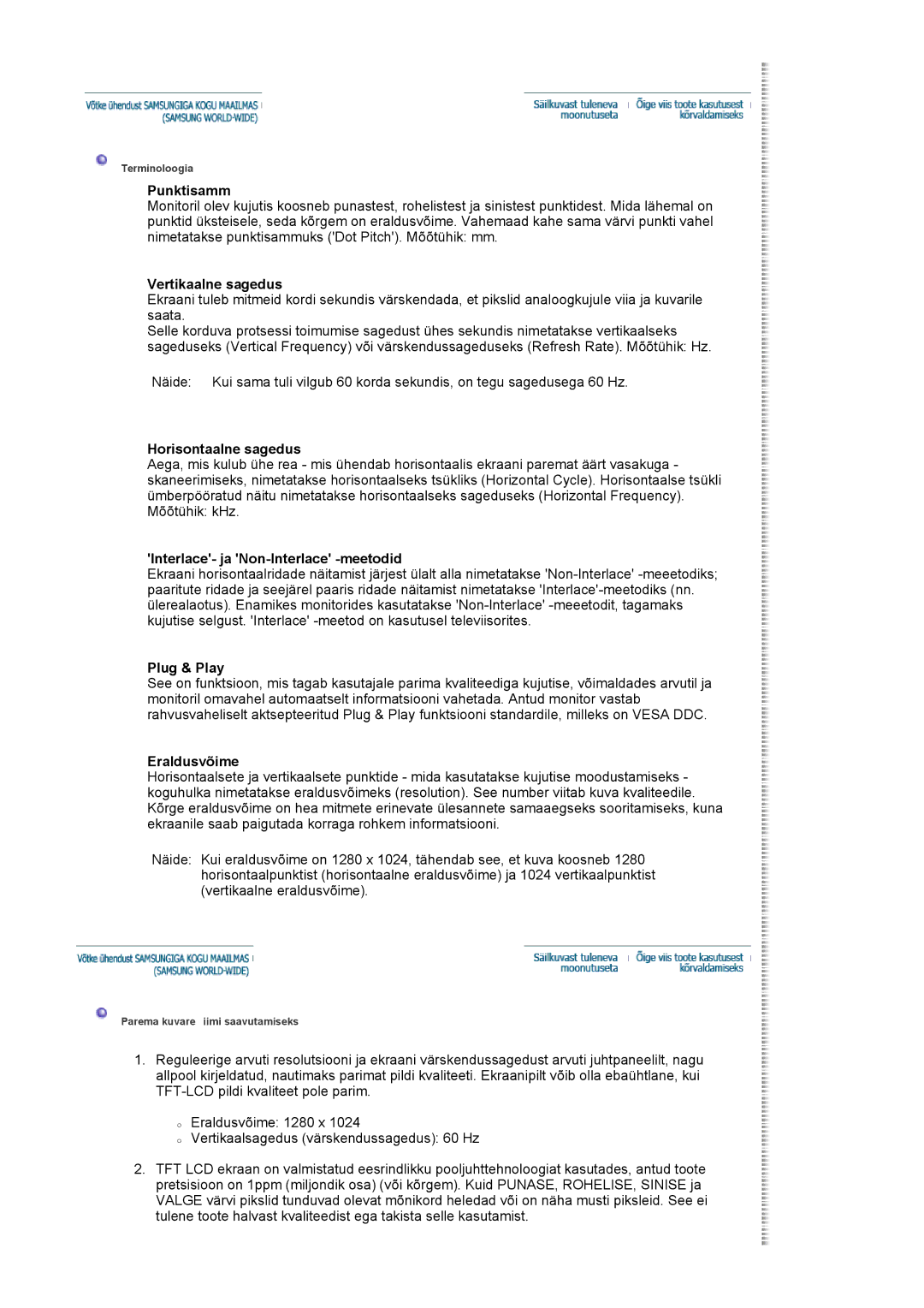 Samsung LS19HJDQFK/EDC manual Punktisamm, Vertikaalne sagedus, Horisontaalne sagedus, Interlace- ja Non-Interlace -meetodid 