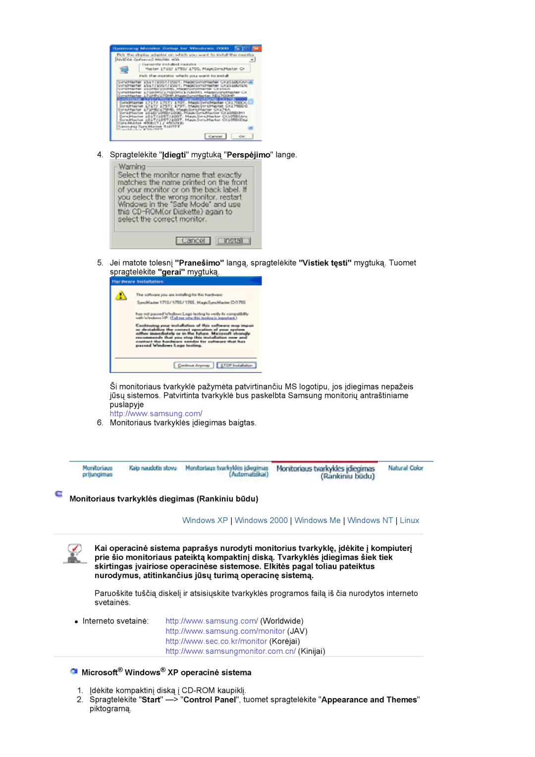 Samsung LS19HJDQFK/EDC manual Monitoriaus tvarkyklės diegimas Rankiniu būdu, Microsoft Windows XP operacinė sistema 