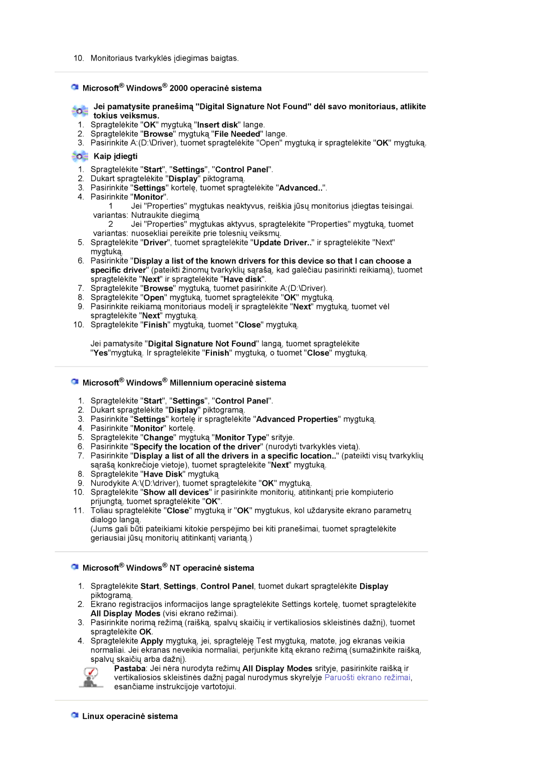 Samsung LS19HJDQFK/EDC Kaip įdiegti Spragtelėkite Start, Settings, Control Panel, Microsoft Windows NT operacinė sistema 