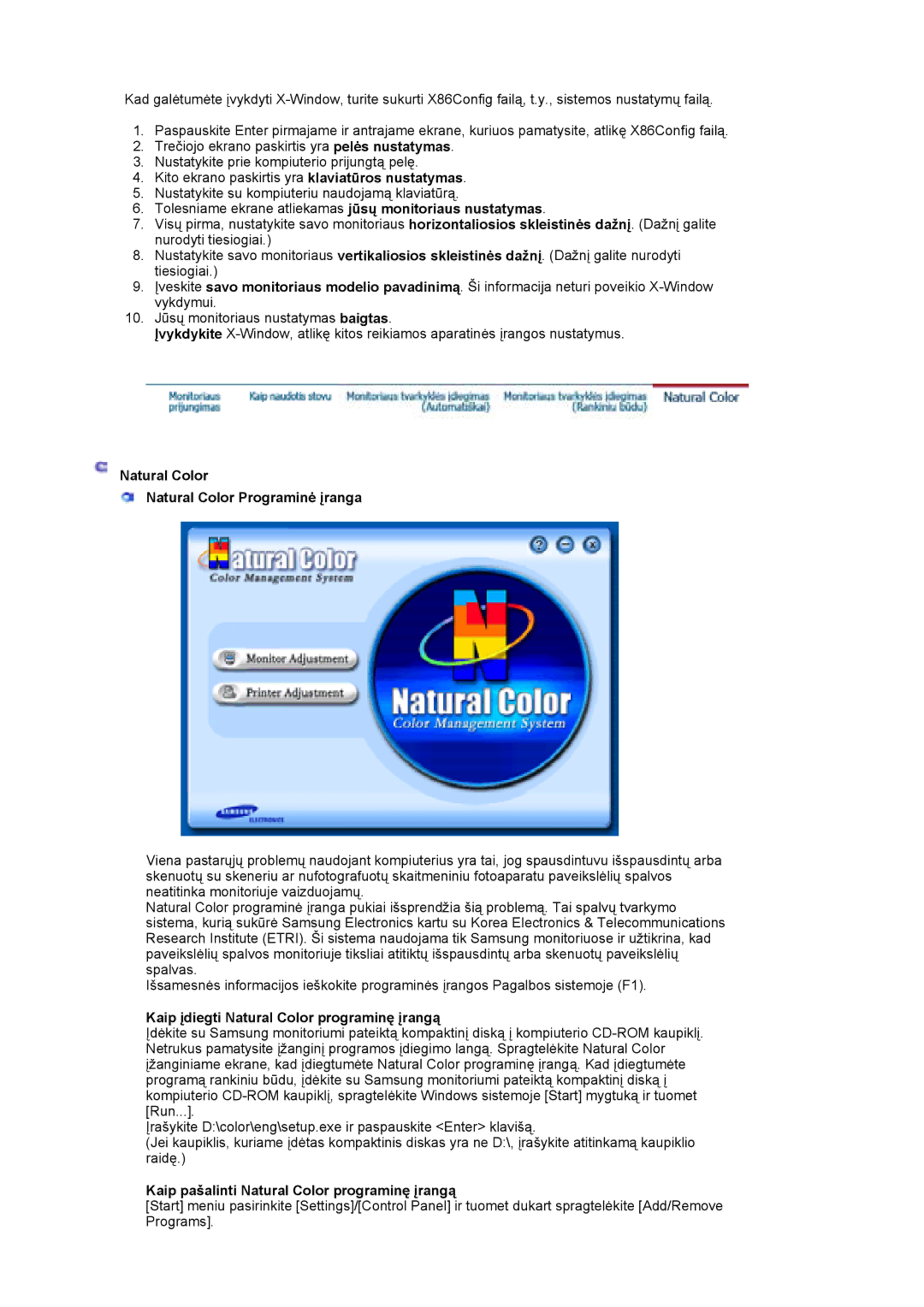 Samsung LS19HJDQFK/EDC manual Natural Color Natural Color Programinė įranga, Kaip įdiegti Natural Color programinę įrangą 