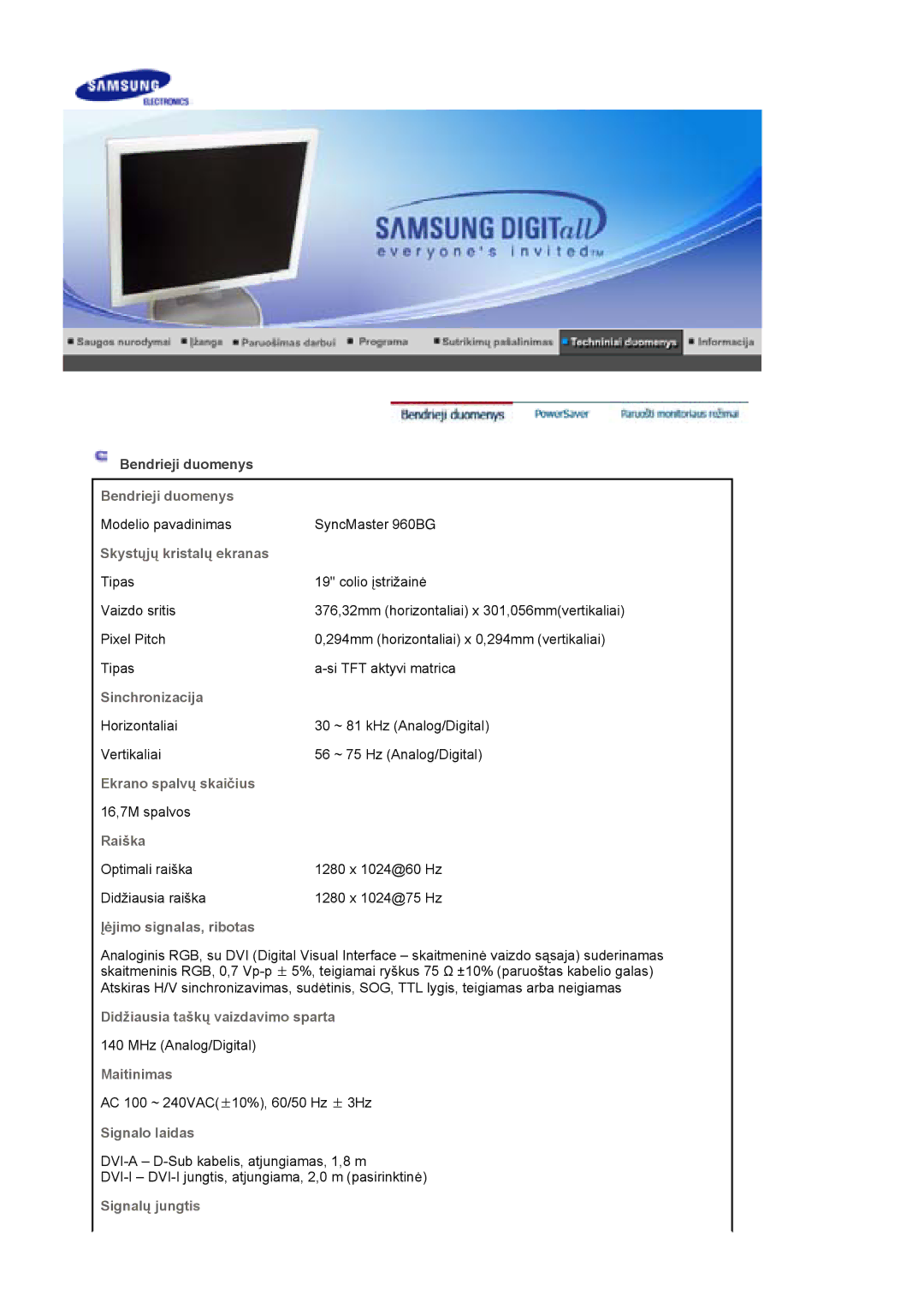 Samsung LS19HJDQFK/EDC manual Bendrieji duomenys, Skystųjų kristalų ekranas 