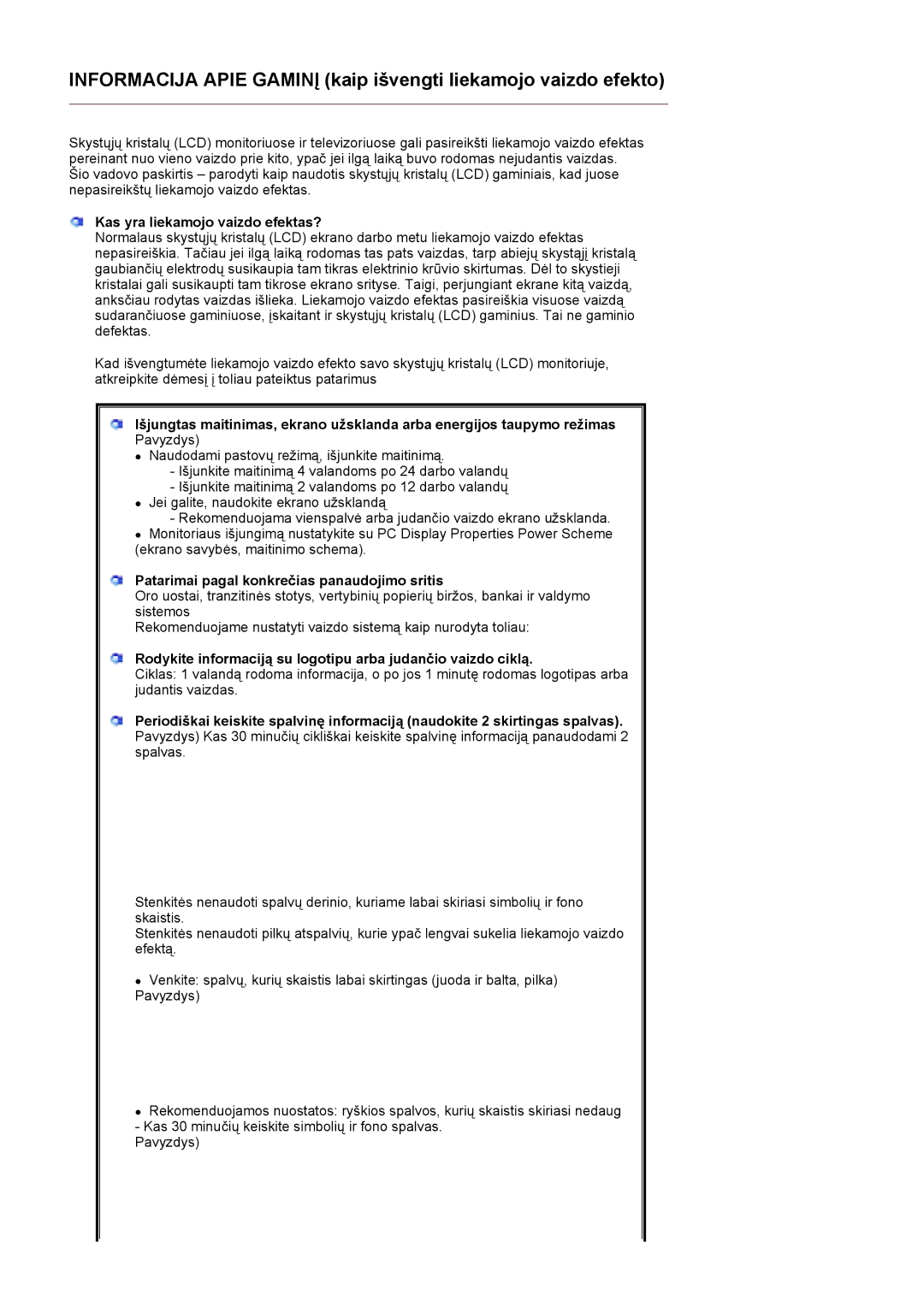 Samsung LS19HJDQFK/EDC manual Kas yra liekamojo vaizdo efektas?, Patarimai pagal konkrečias panaudojimo sritis 