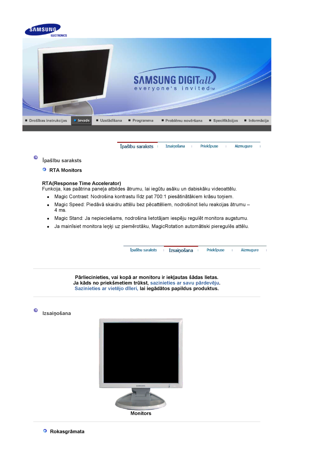 Samsung LS19HJDQFK/EDC Īpašību saraksts RTA Monitors, RTAResponse Time Accelerator, Izsaiņošana, Monitors Rokasgrāmata 