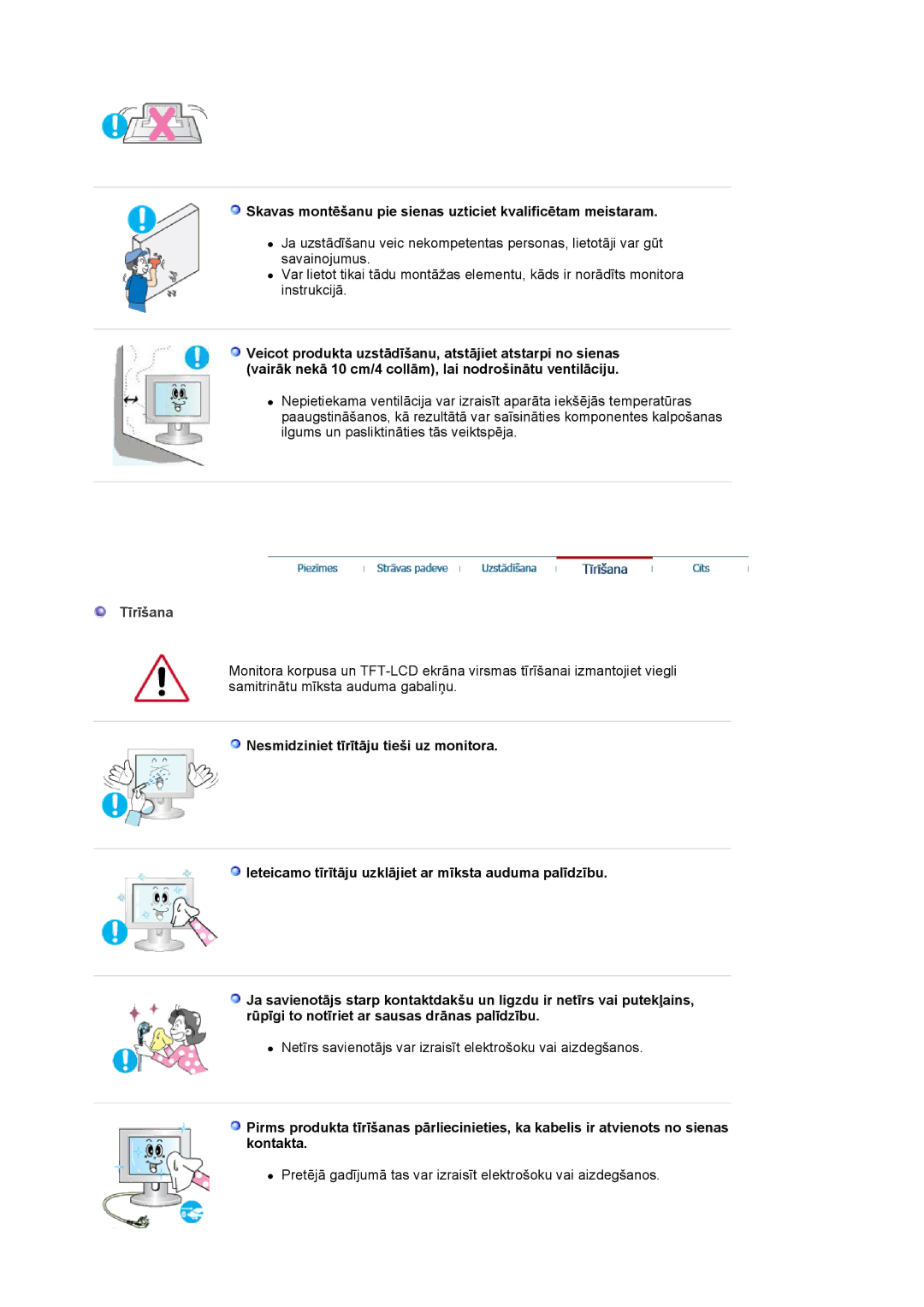 Samsung LS19HJDQFK/EDC manual Skavas montēšanu pie sienas uzticiet kvalificētam meistaram, Tīrīšana 