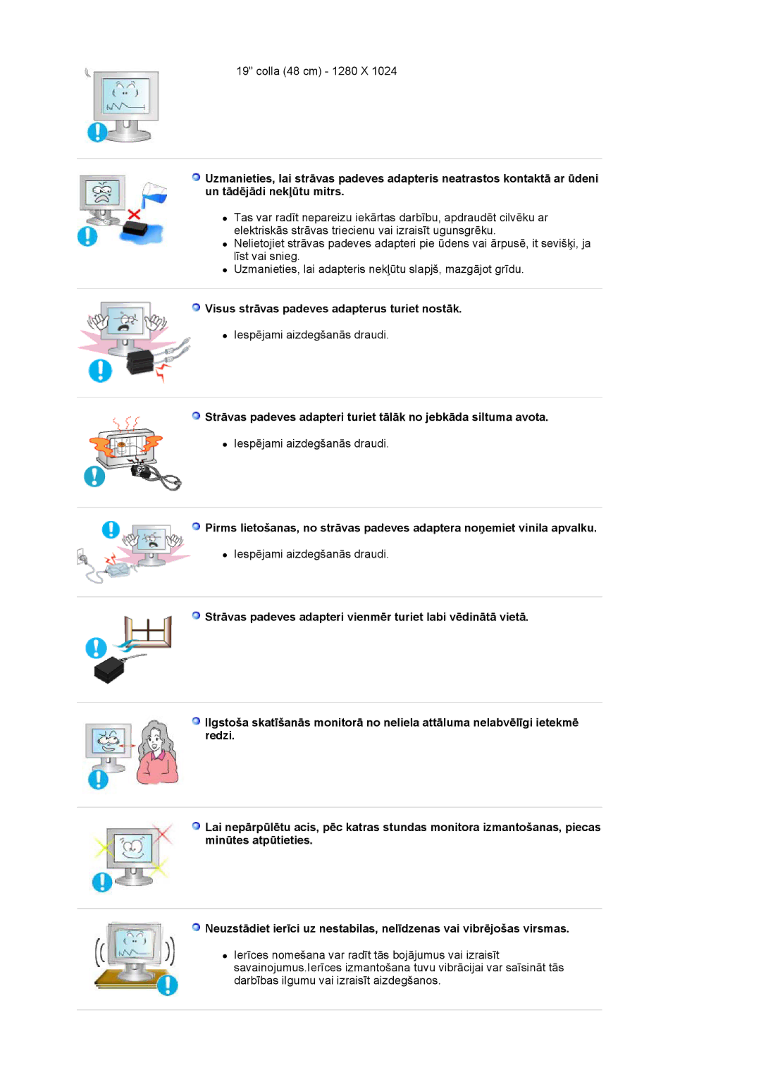 Samsung LS19HJDQFK/EDC manual Visus strāvas padeves adapterus turiet nostāk 