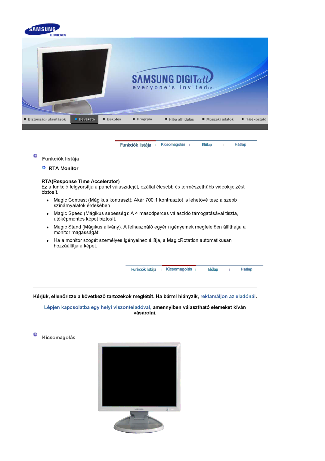 Samsung LS19HJDQFK/EDC manual Funkciók listája, RTA Monitor RTAResponse Time Accelerator, Vásárolni, Kicsomagolás 