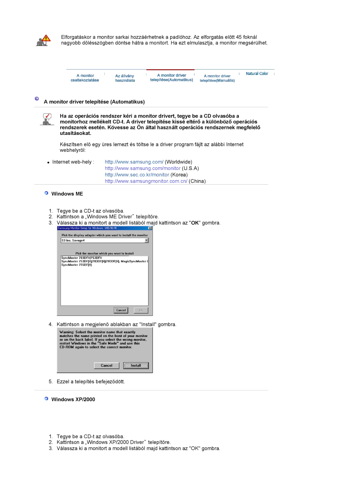 Samsung LS19HJDQFK/EDC manual Windows ME, Windows XP/2000 