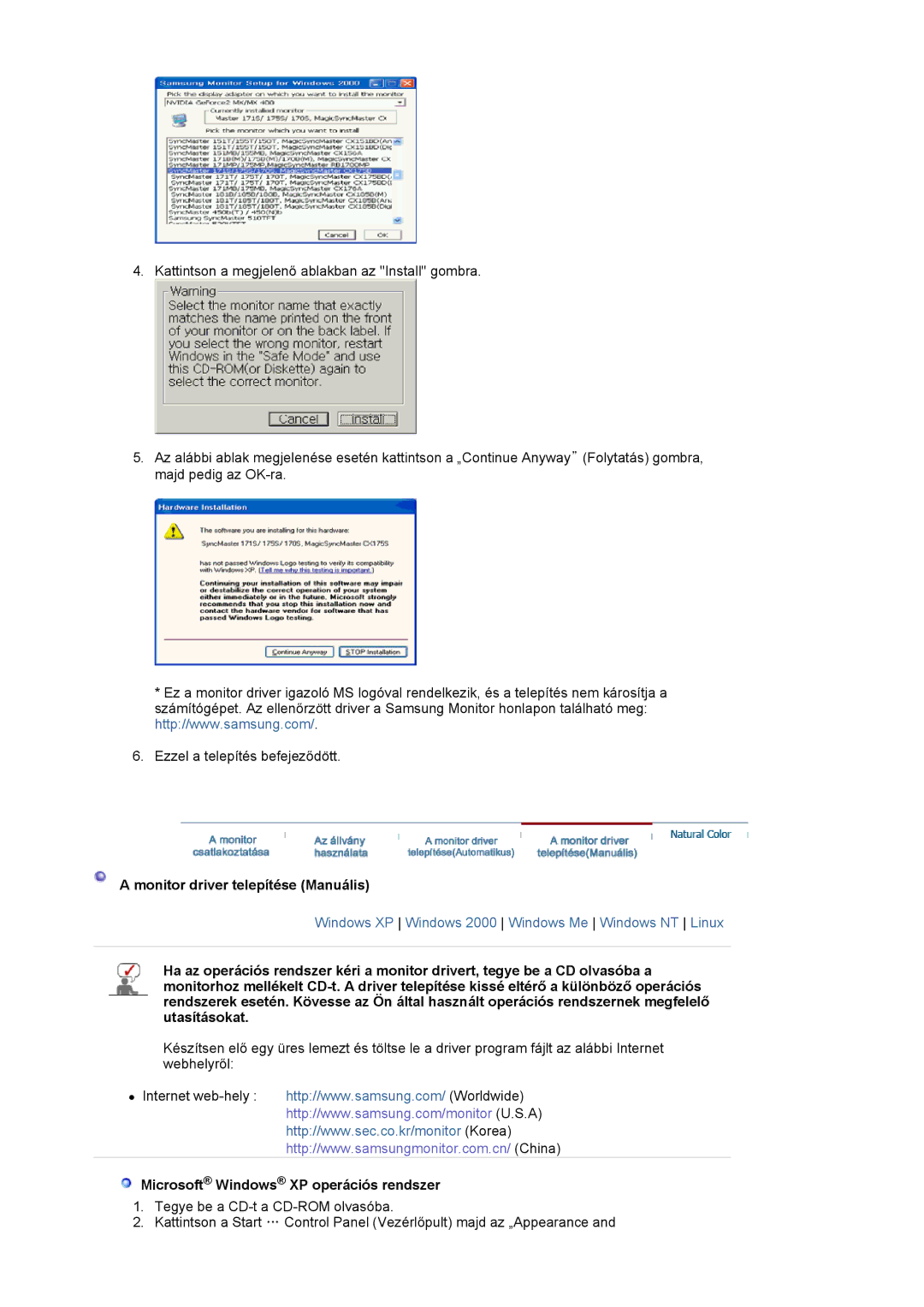 Samsung LS19HJDQFK/EDC manual Monitor driver telepítése Manuális, Microsoft Windows XP operációs rendszer 