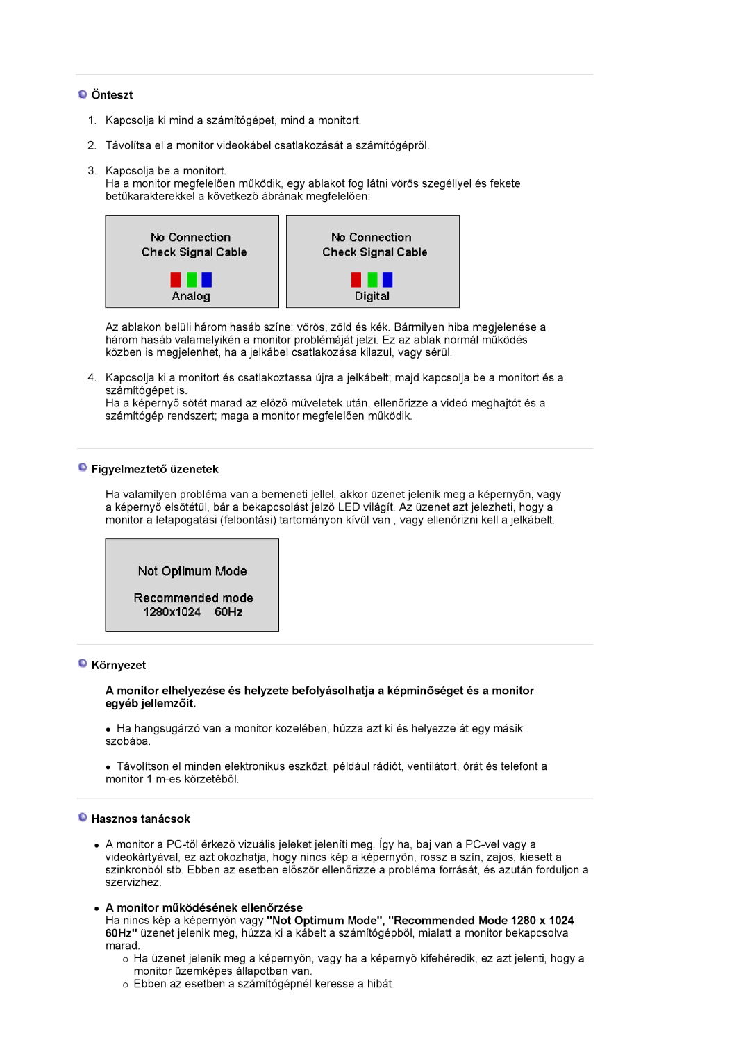 Samsung LS19HJDQFK/EDC manual Önteszt, Figyelmeztető üzenetek, Hasznos tanácsok 