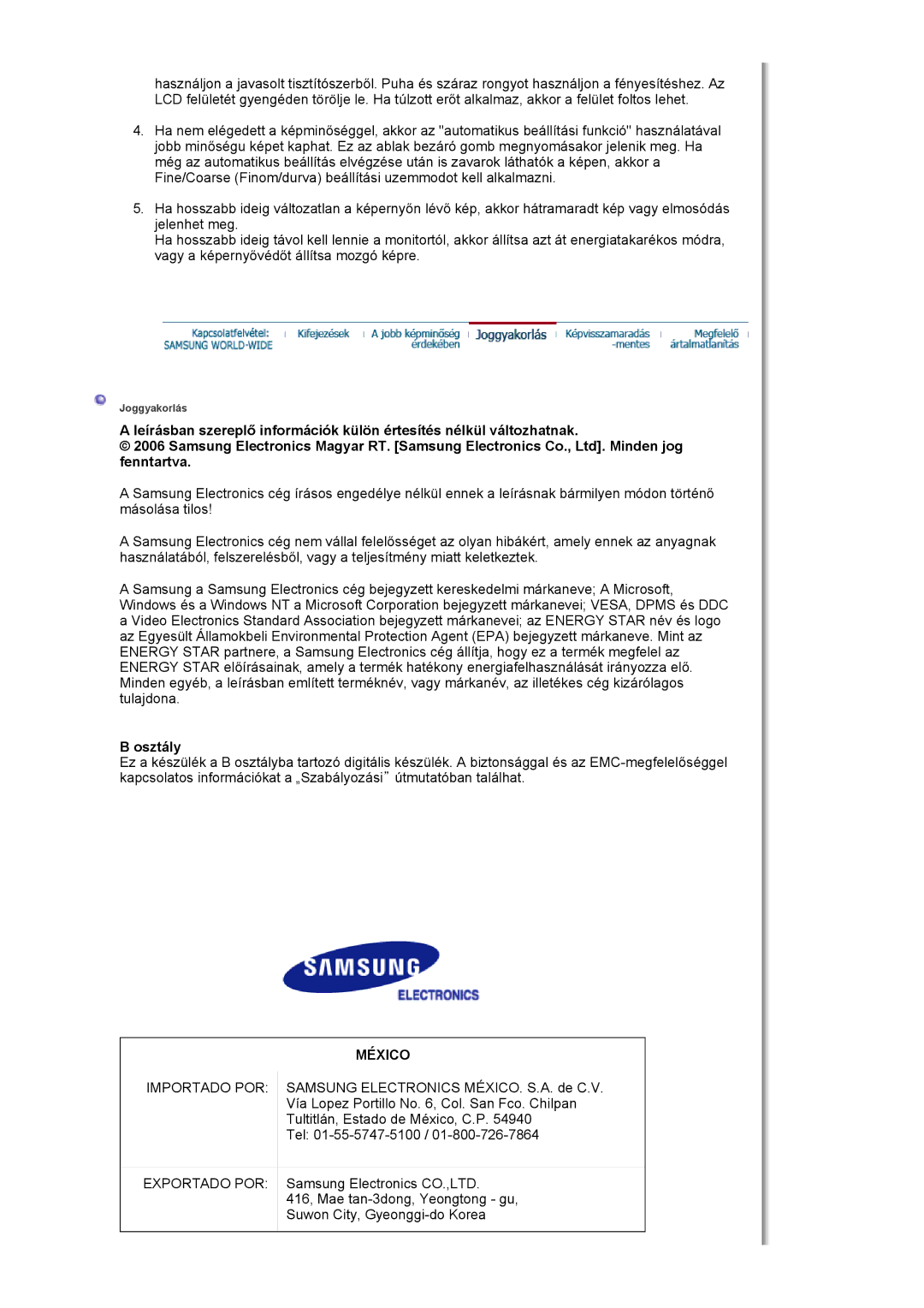 Samsung LS19HJDQFK/EDC manual Osztály, México 