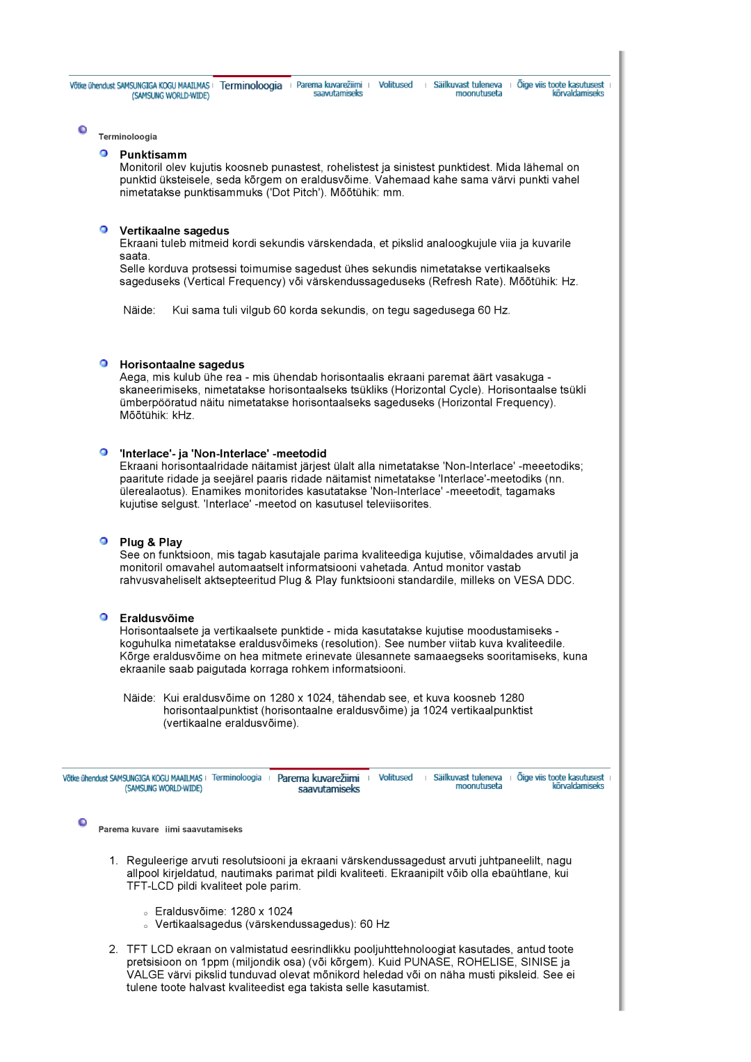 Samsung LS19HJDQHV/EDC manual Punktisamm, Vertikaalne sagedus, Horisontaalne sagedus, Interlace- ja Non-Interlace -meetodid 