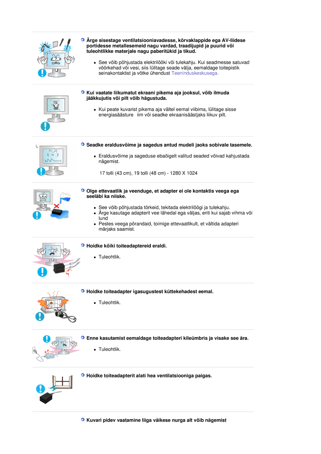 Samsung LS19HJDQFV/EDC manual Hoidke kõiki toiteadaptereid eraldi, Hoidke toiteadapter igasugustest küttekehadest eemal 