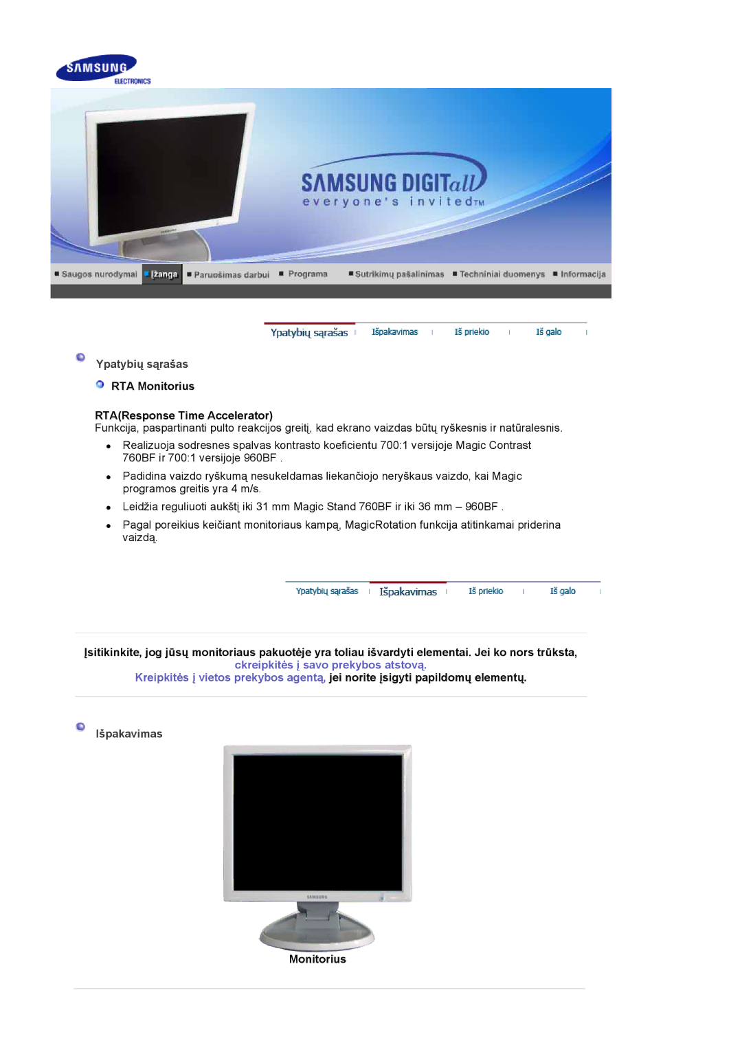 Samsung LS19HJDQHV/EDC, LS19HJDQFV/EDC manual Ypatybių sąrašas, RTA Monitorius RTAResponse Time Accelerator, Išpakavimas 