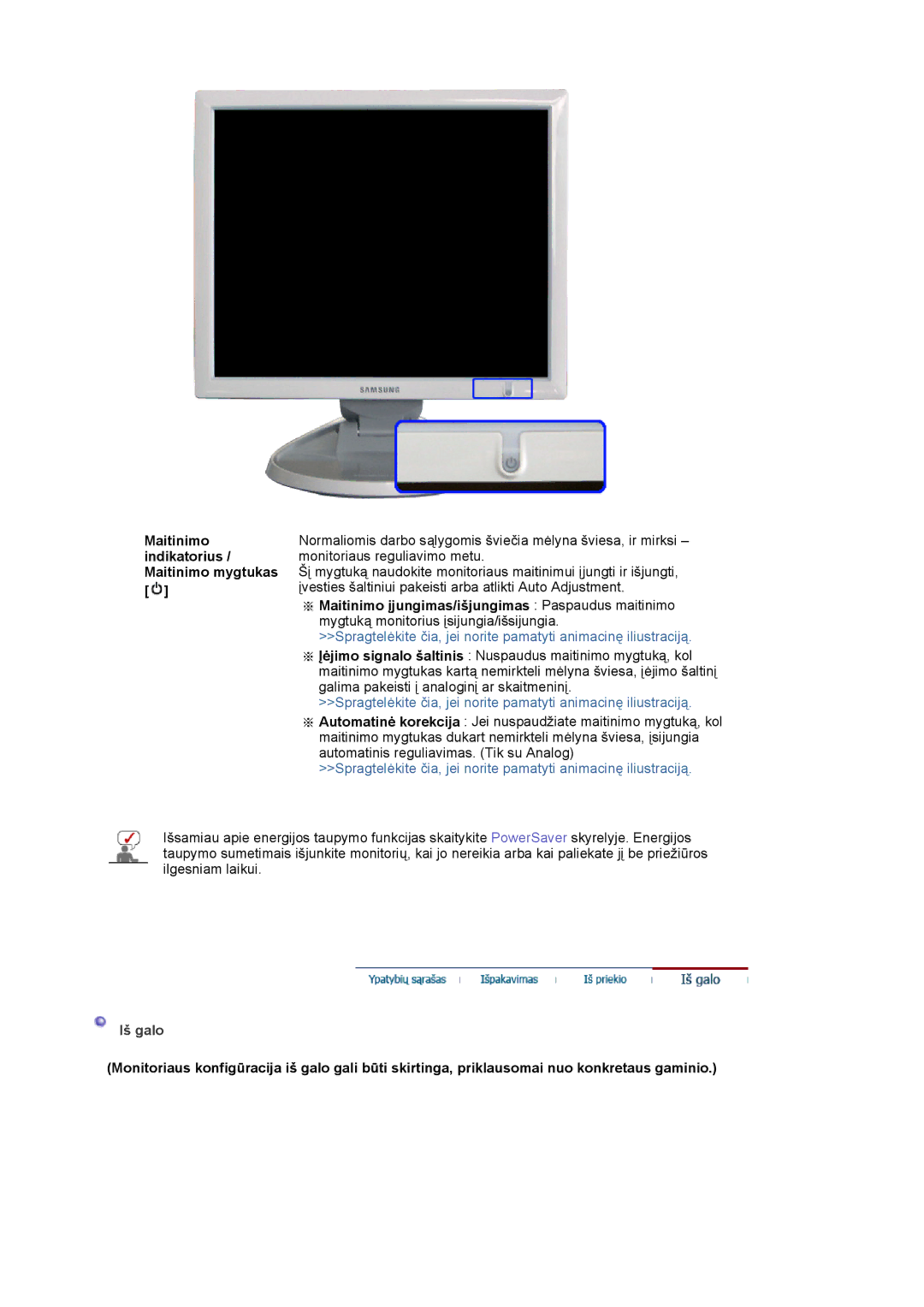 Samsung LS19HJDQFV/EDC, LS17HJDQHV/EDC, LS19HJDQHV/EDC, LS17HJDQFV/EDC Maitinimo indikatorius / Maitinimo mygtukas, Iš galo 