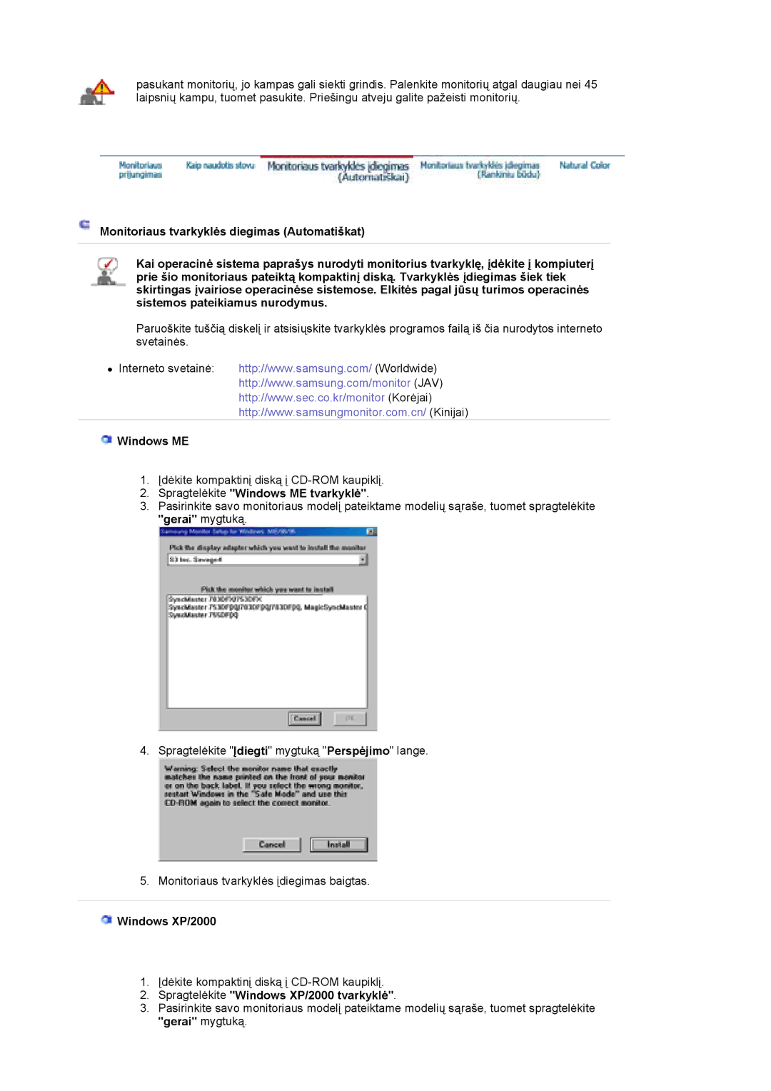 Samsung LS19HJDQFV/EDC, LS17HJDQHV/EDC Spragtelėkite Windows ME tvarkyklė, Spragtelėkite Windows XP/2000 tvarkyklė 