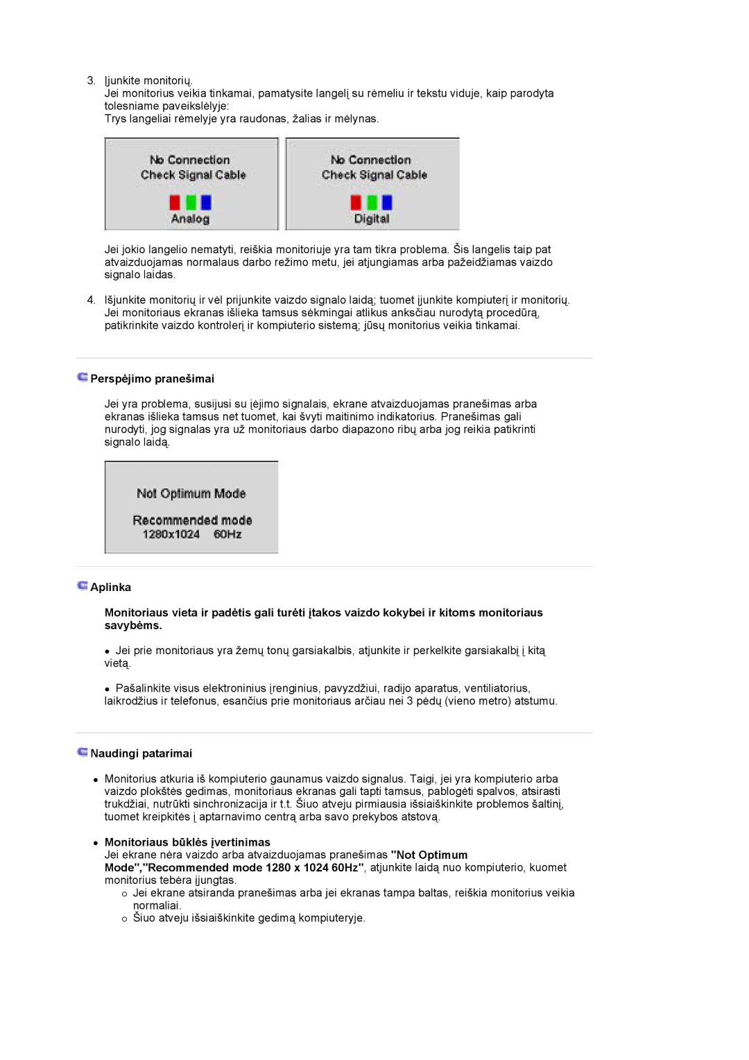 Samsung LS17HJDQHV/EDC, LS19HJDQFV/EDC manual Perspėjimo pranešimai, Naudingi patarimai, Monitoriaus būklės įvertinimas 