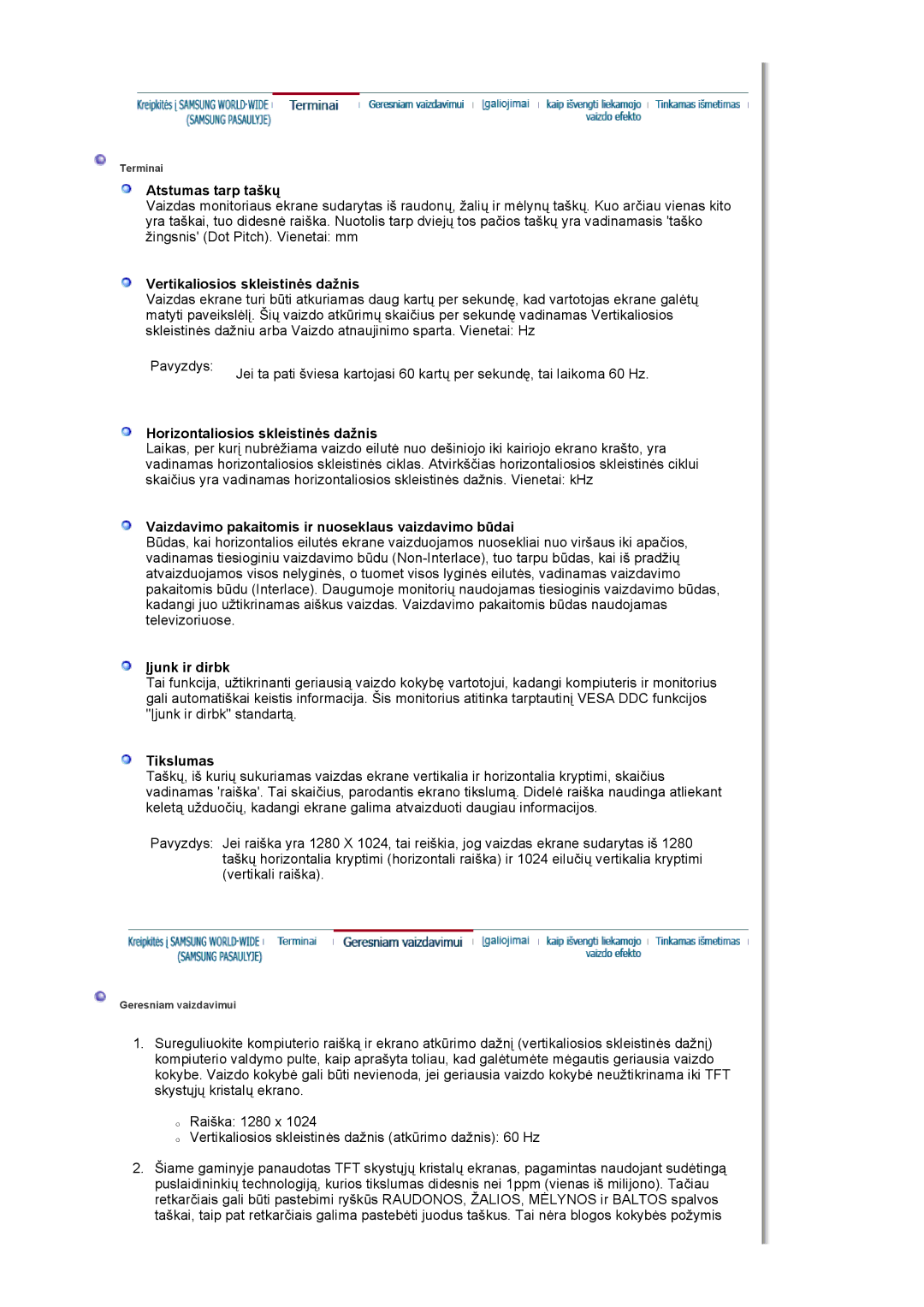 Samsung LS19HJDQHV/EDC manual Atstumas tarp taškų, Vertikaliosios skleistinės dažnis, Horizontaliosios skleistinės dažnis 