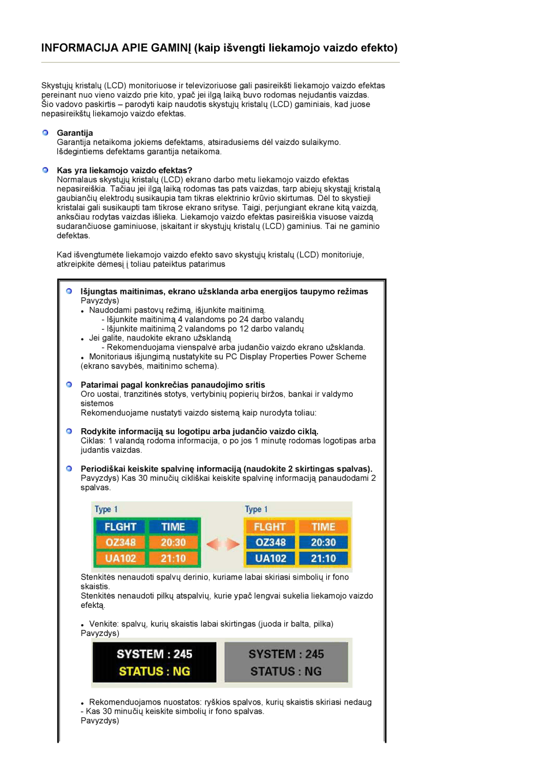 Samsung LS17HJDQHV/EDC manual Garantija, Kas yra liekamojo vaizdo efektas?, Patarimai pagal konkrečias panaudojimo sritis 