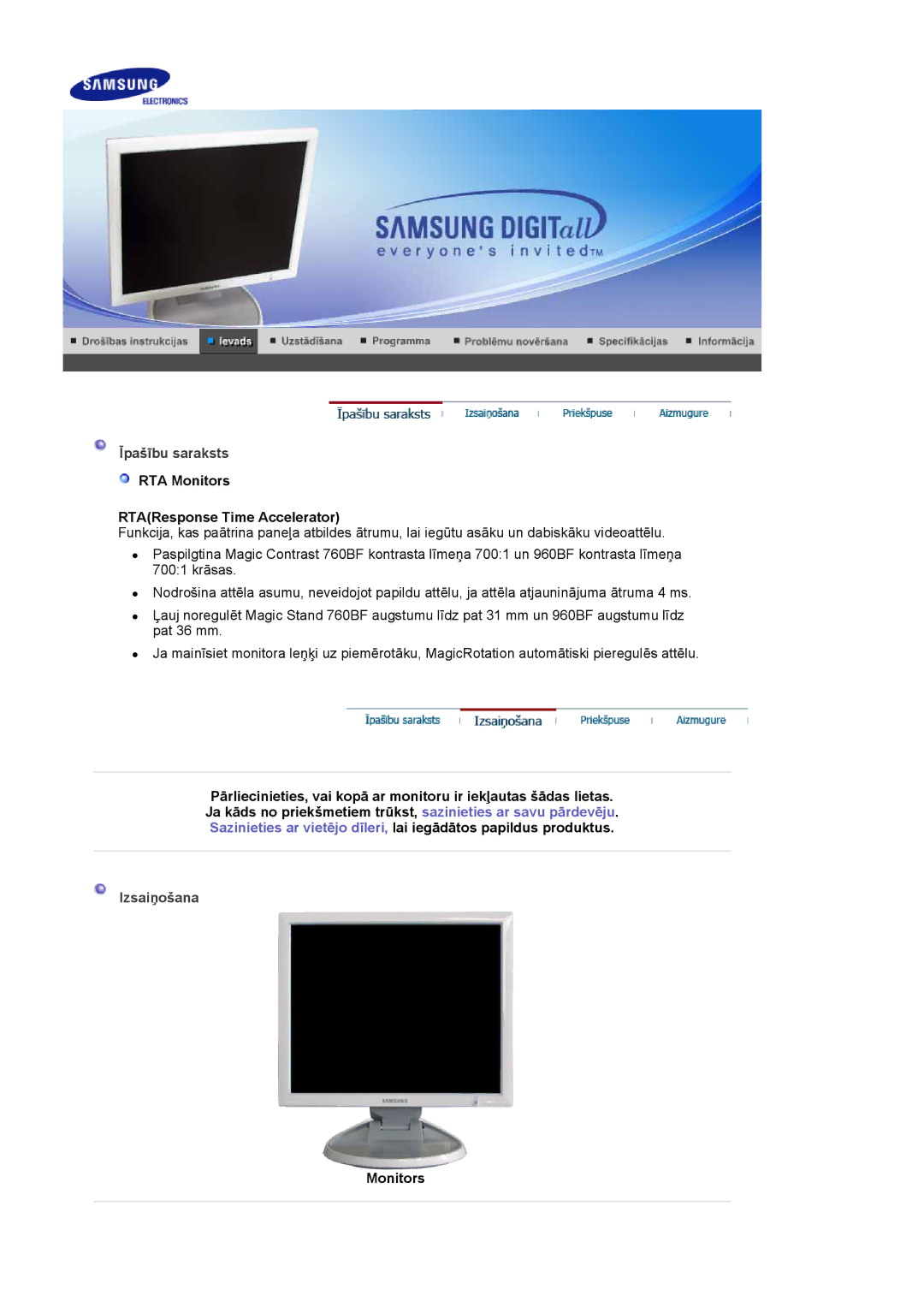 Samsung LS19HJDQHV/EDC, LS19HJDQFV/EDC manual Īpašību saraksts RTA Monitors, RTAResponse Time Accelerator, Izsaiņošana 