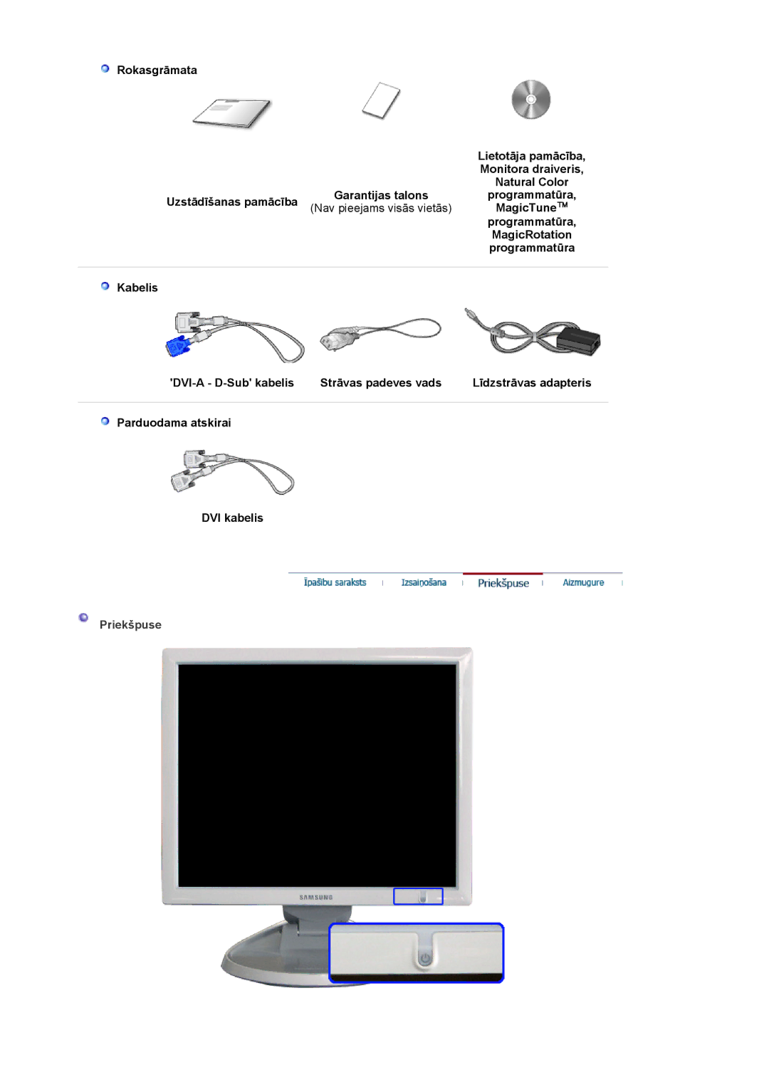 Samsung LS17HJDQFV/EDC manual MagicTune, MagicRotation, Kabelis DVI-A D-Sub kabelis Strāvas padeves vads, Priekšpuse 