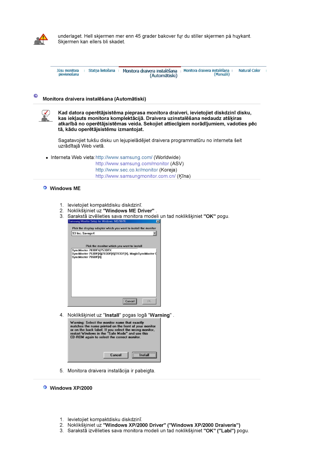 Samsung LS19HJDQFV/EDC, LS17HJDQHV/EDC, LS19HJDQHV/EDC manual Noklikšķiniet uz Windows ME Driver, Windows XP/2000 