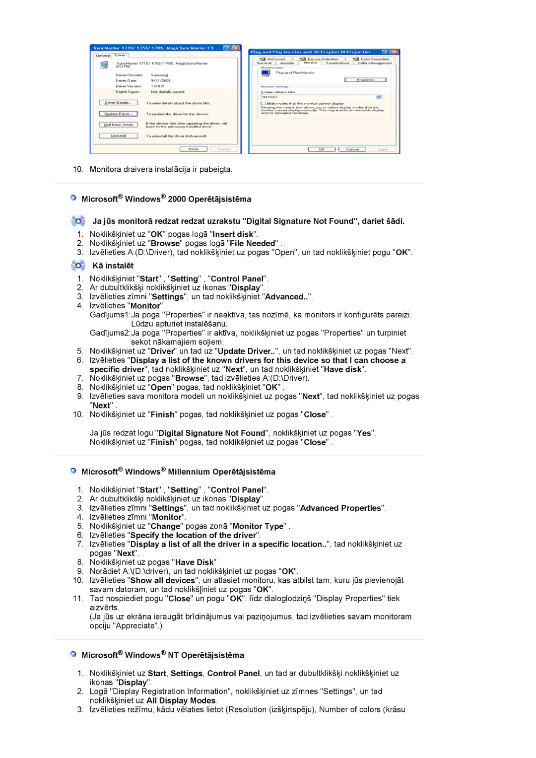 Samsung LS19HJDQFV/EDC Kā instalēt, Microsoft Windows Millennium Operētājsistēma, Microsoft Windows NT Operētājsistēma 