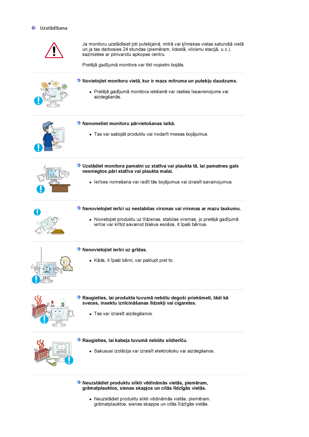 Samsung LS19HJDQFV/EDC manual Uzstādīšana, Nenometiet monitoru pārvietošanas laikā, Nenovietojiet ierīci uz grīdas 