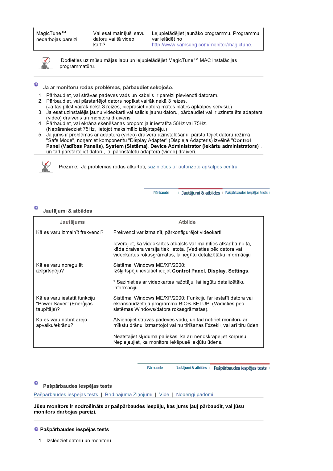 Samsung LS19HJDQFV/EDC, LS17HJDQHV/EDC manual Ja ar monitoru rodas problēmas, pārbaudiet sekojošo, Jautājumi & atbildes 