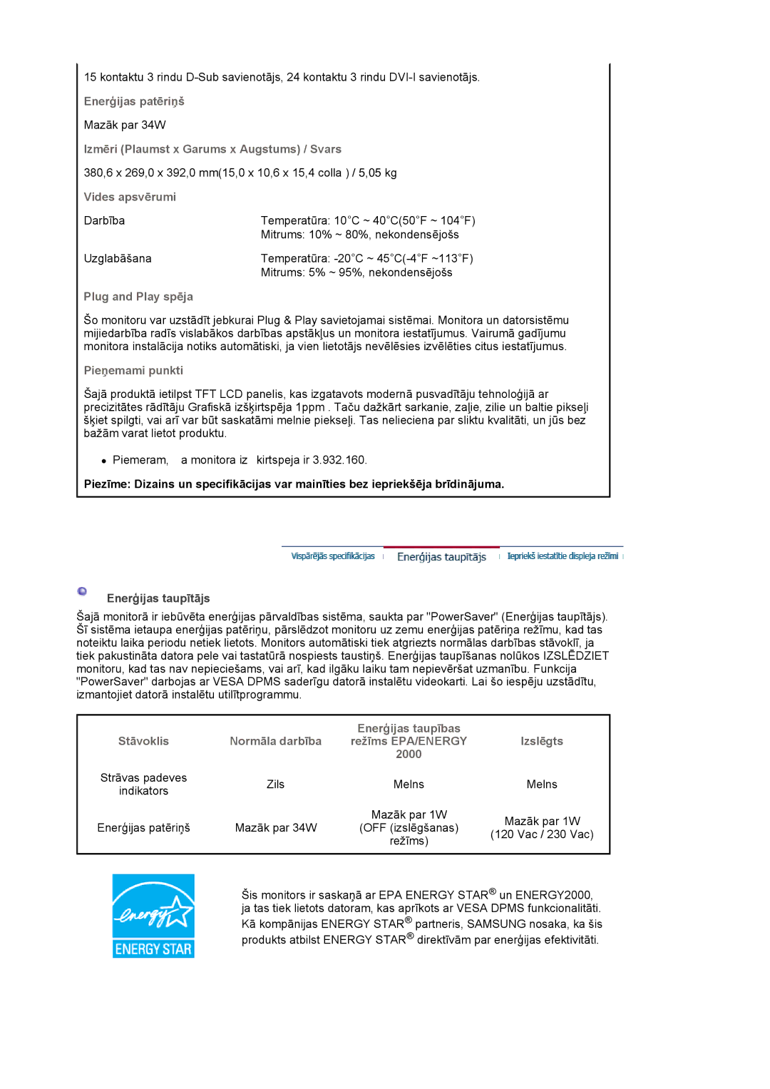 Samsung LS17HJDQFV/EDC, LS19HJDQFV/EDC, LS17HJDQHV/EDC, LS19HJDQHV/EDC manual Vides apsvērumi, Enerģijas taupītājs 