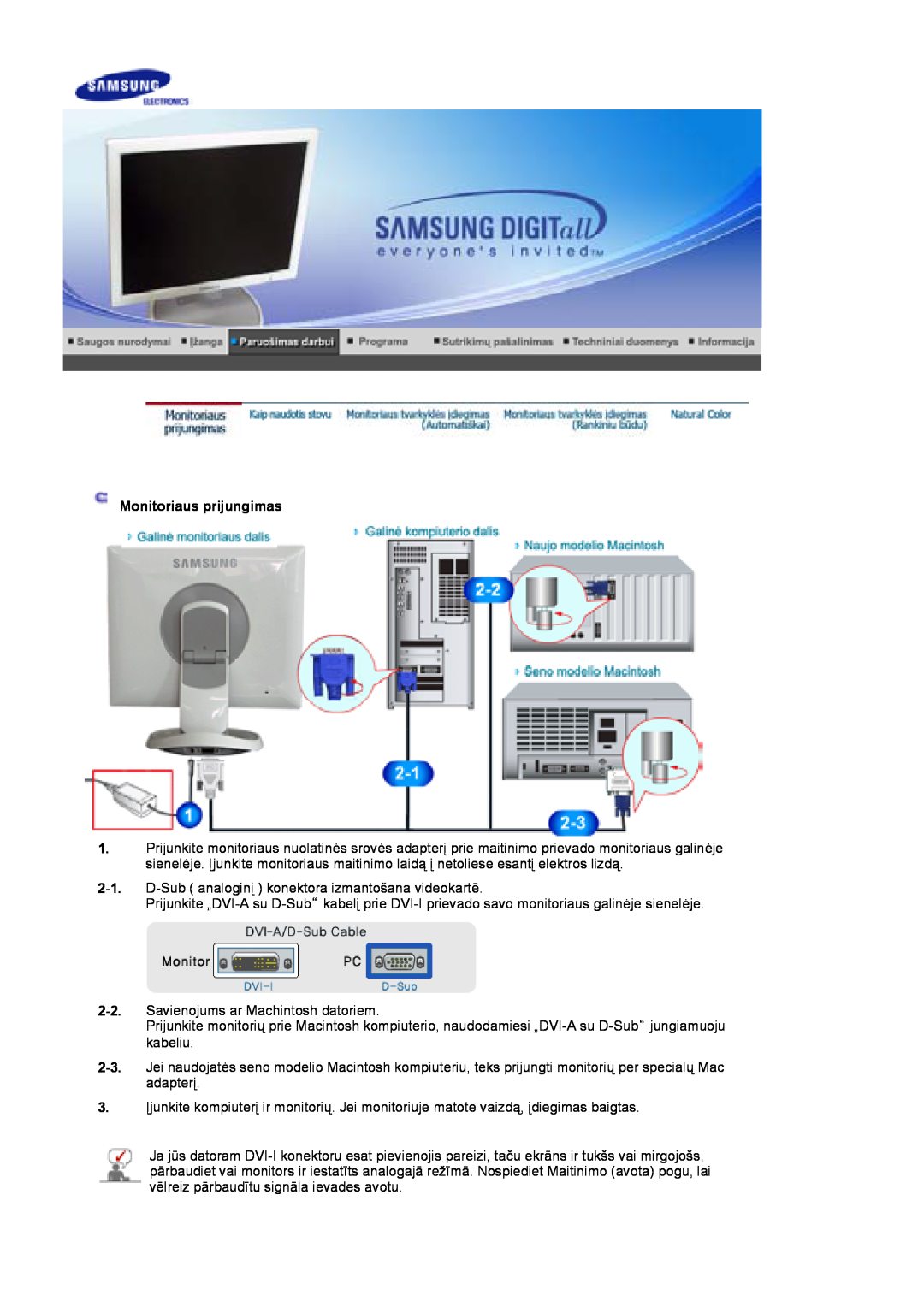 Samsung LS19HJDQHV/EDC, LS19HJDQFV/EDC, LS17HJDQHV/EDC, LS17HJDQFV/EDC manual Monitoriaus prijungimas 