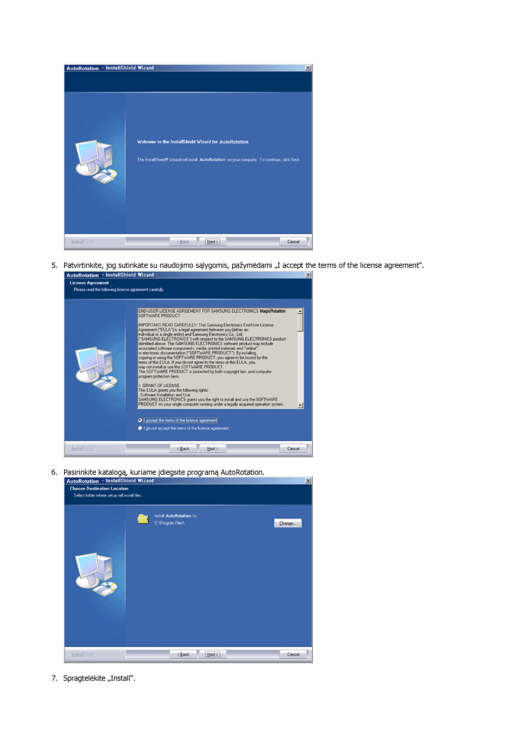 Samsung LS19HJDQFV/EDC manual Pasirinkite katalogą, kuriame įdiegsite programą AutoRotation, Spragtelėkite „Install“ 