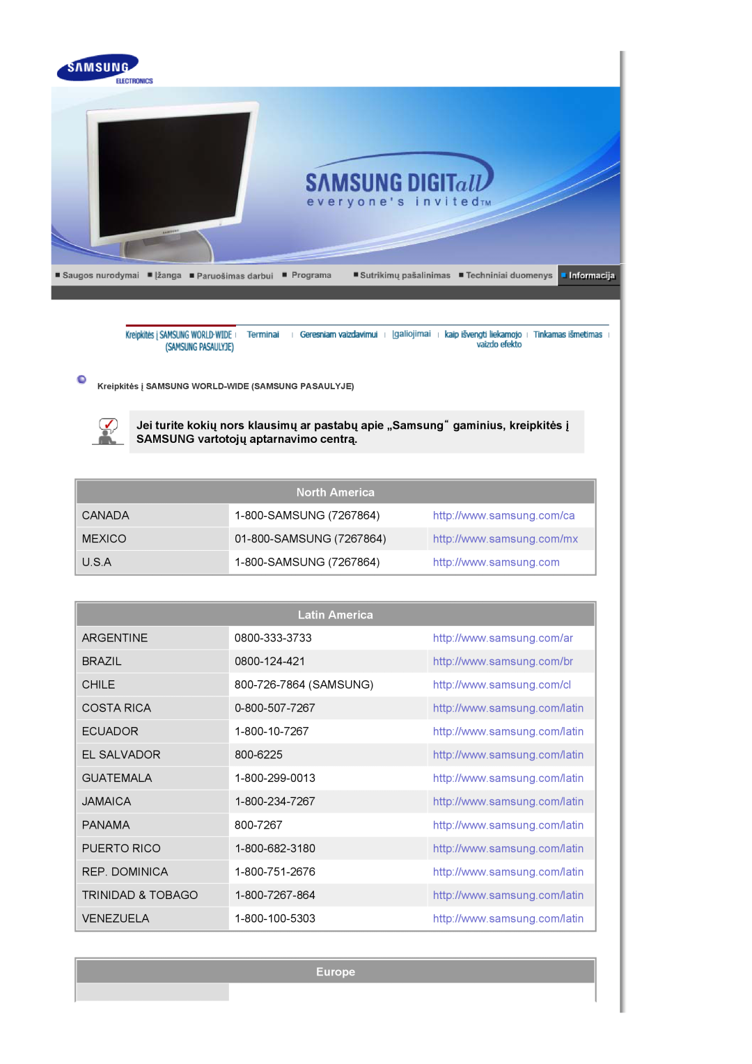 Samsung LS19HJDQFV/EDC manual North America, Latin America, Europe, Kreipkitės į SAMSUNG WORLD-WIDE SAMSUNG PASAULYJE 