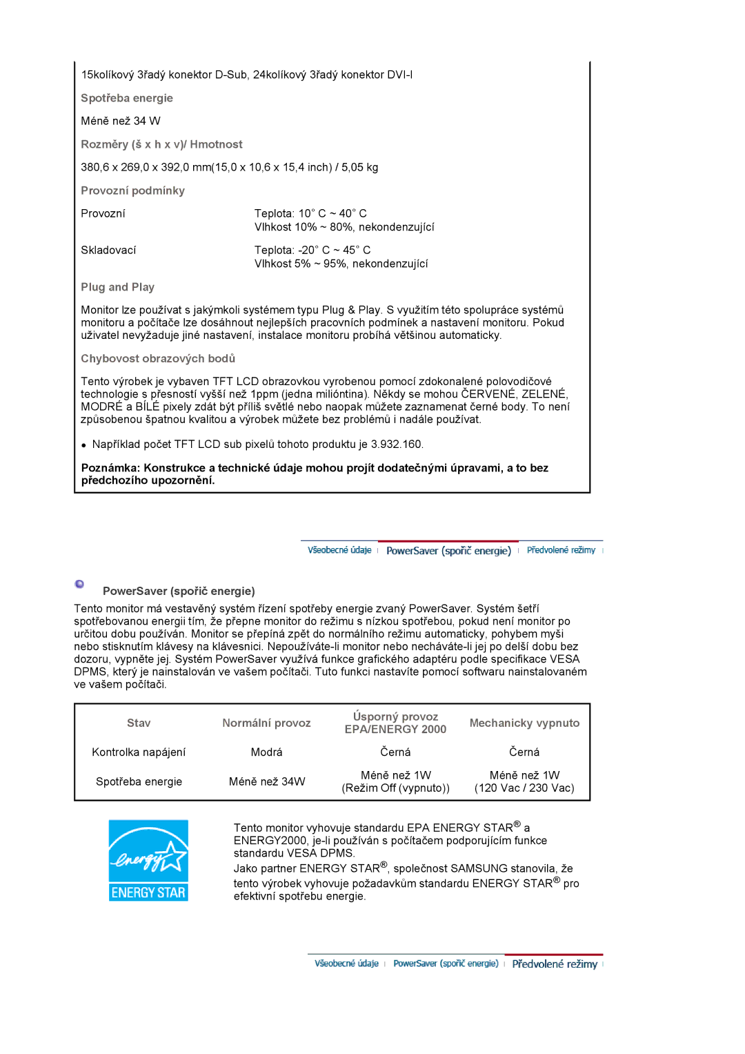 Samsung LS19HJDQHV/EDC, LS19HJDQFV/EDC, LS17HJDQHV/EDC manual Provozní podmínky, PowerSaver spořič energie 