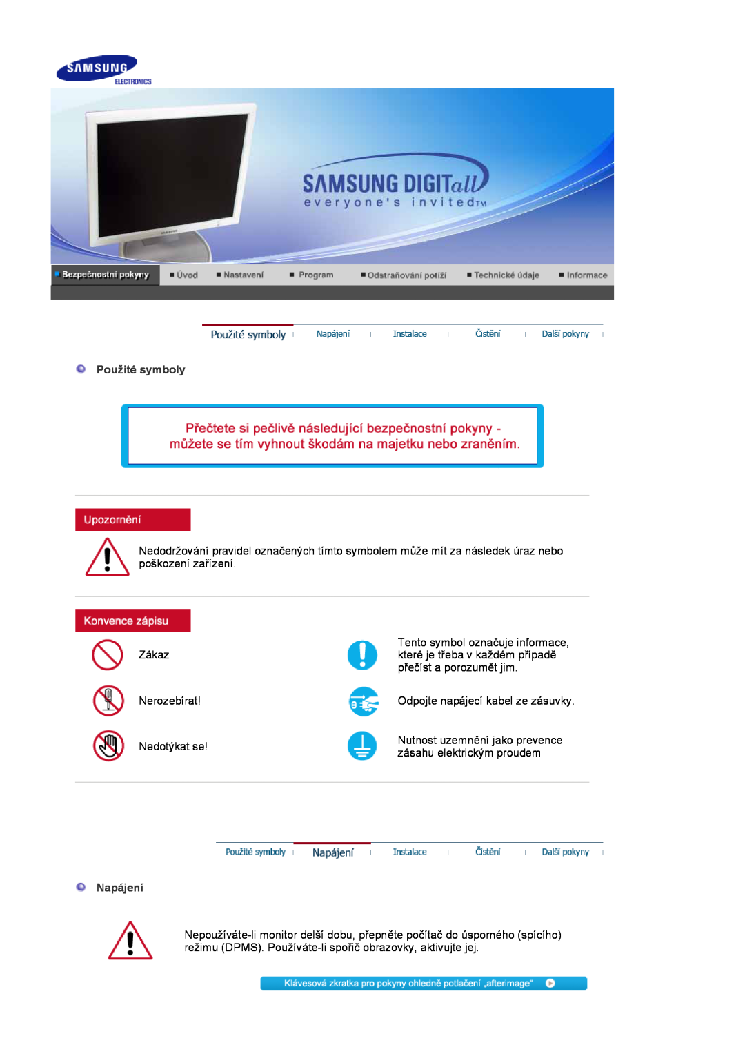 Samsung LS19HJDQHV/EDC, LS19HJDQFV/EDC, LS17HJDQHV/EDC manual Použité symboly, Napájení 
